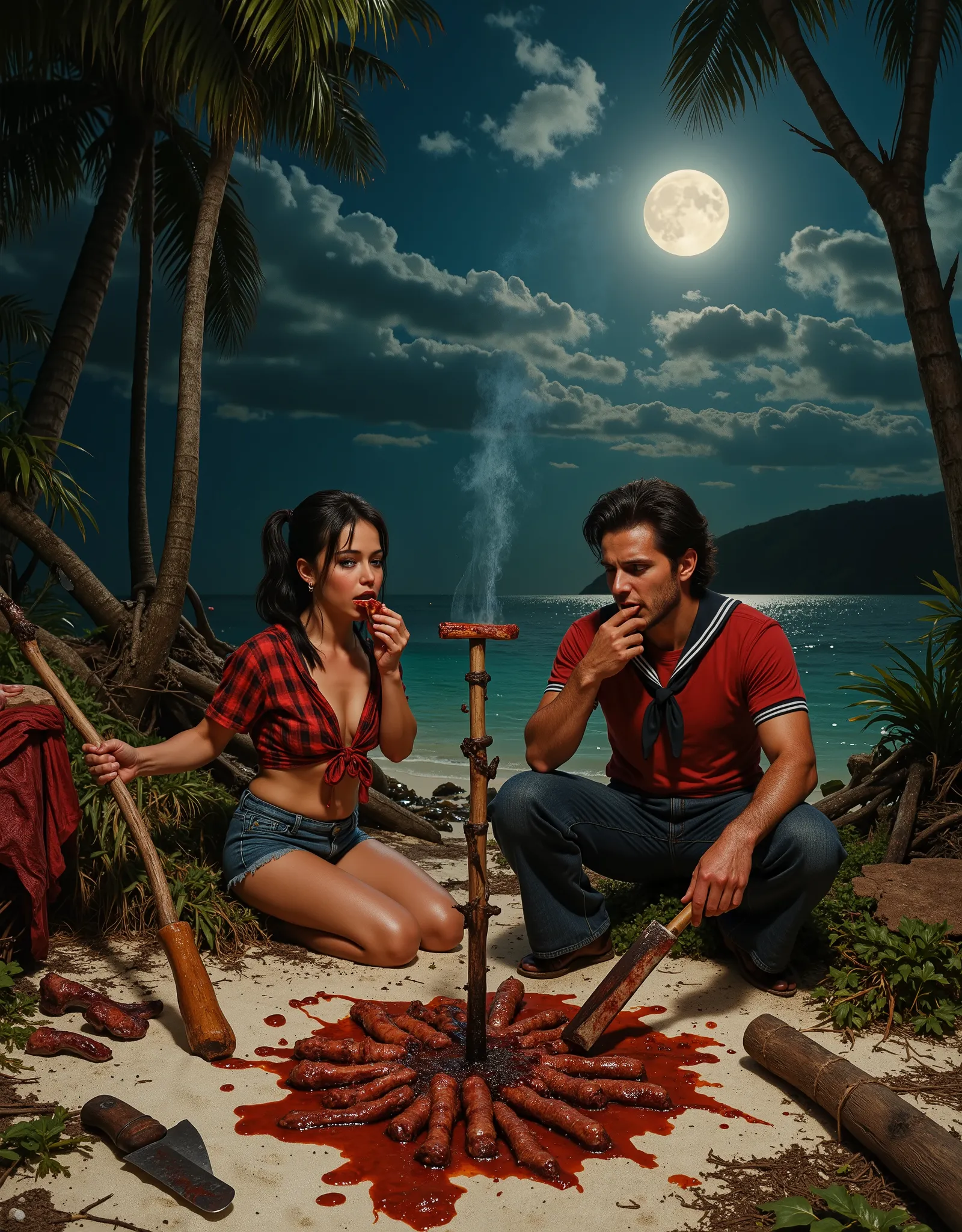 Mary Ann and a man sit around a makeshift BBQ spit, dug into the beach, using branches and bamboo as the BBQ rigging, eating greasy meat with their bare hands, full moon at night, on the white beach of the surrounding lagoon are clothing items of the other...