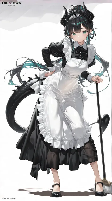 (((White background)))A woman in a black maid outfit black hair very long hair、Updo Have a big crystal ballFull body black Adult woman with dragon horns and tail black hair(High resolution masterpiece, , high resolution mode, highest quality: 1.2)(masterpi...