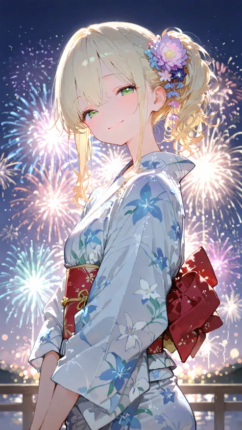 1 girl, cute, smile, blond hair, yukata, firework,