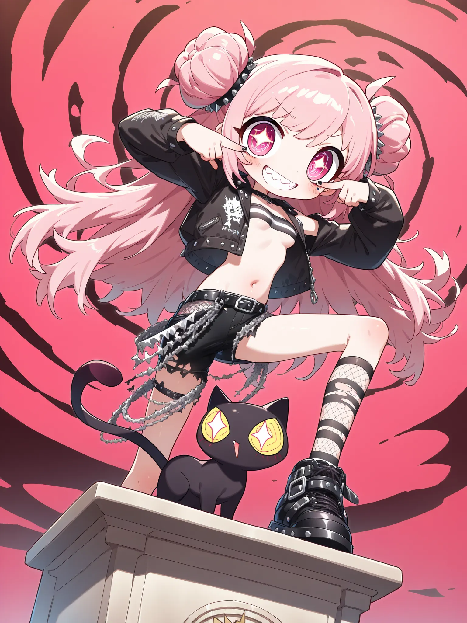 (Alone:1.2), 1 girl\( cute, cute,( Evil Smiles ), eyelid pull, Podium , double piece:1.6, Double teeth:1.3, stand on the Podium, The letters are written on the Podium " stick it out ". word " stick it out " are written on the Podium:1.5, " stick it o...