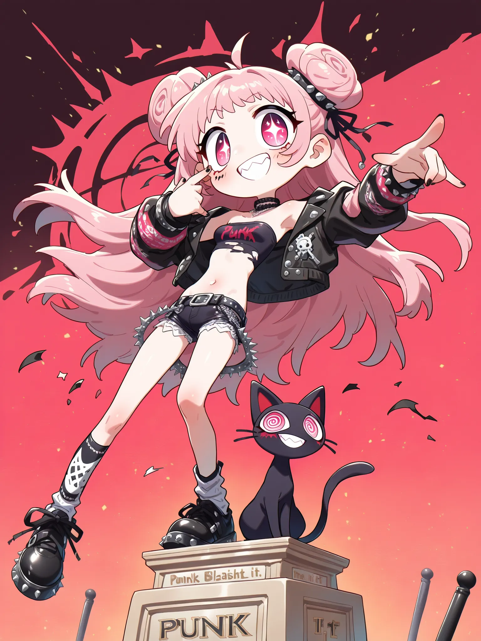 (Alone:1.2), 1 girl\( cute, cute,(  Evil Smiles  ), eyelid pull,  Podium , double piece:1.6, Double teeth:1.3,  stand on the Podium, The letters are written on the Podium " stick it out  ". word " stick it out  " are written on the Podium:1.5, " stick it o...
