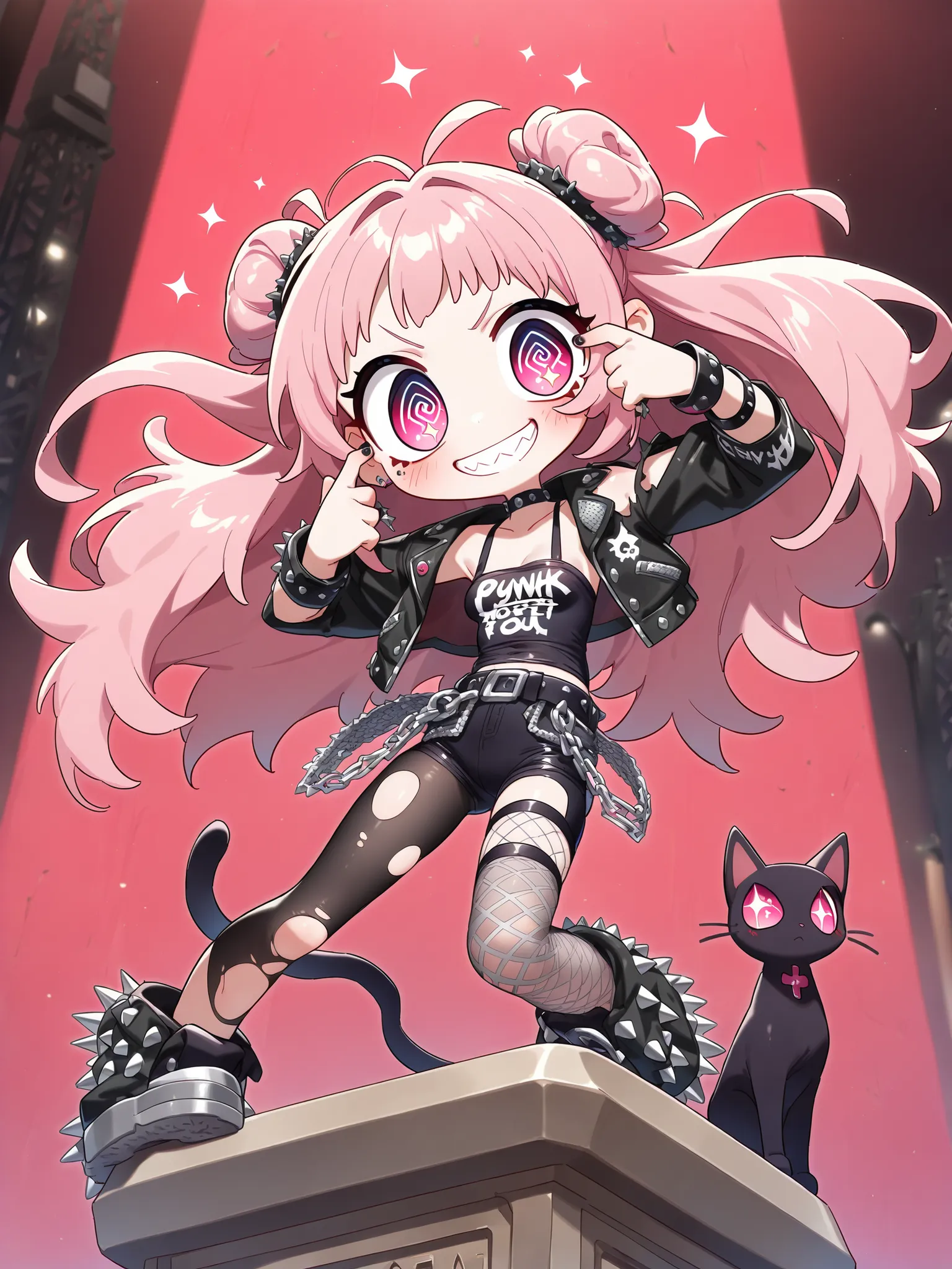 (Alone:1.2), 1 girl\( cute, cute,( Evil Smiles ), eyelid pull, Podium , double piece:1.6, Double teeth:1.3, stand on the Podium, The letters are written on the Podium " stick it out ". word " stick it out " are written on the Podium:1.5, " stick it o...