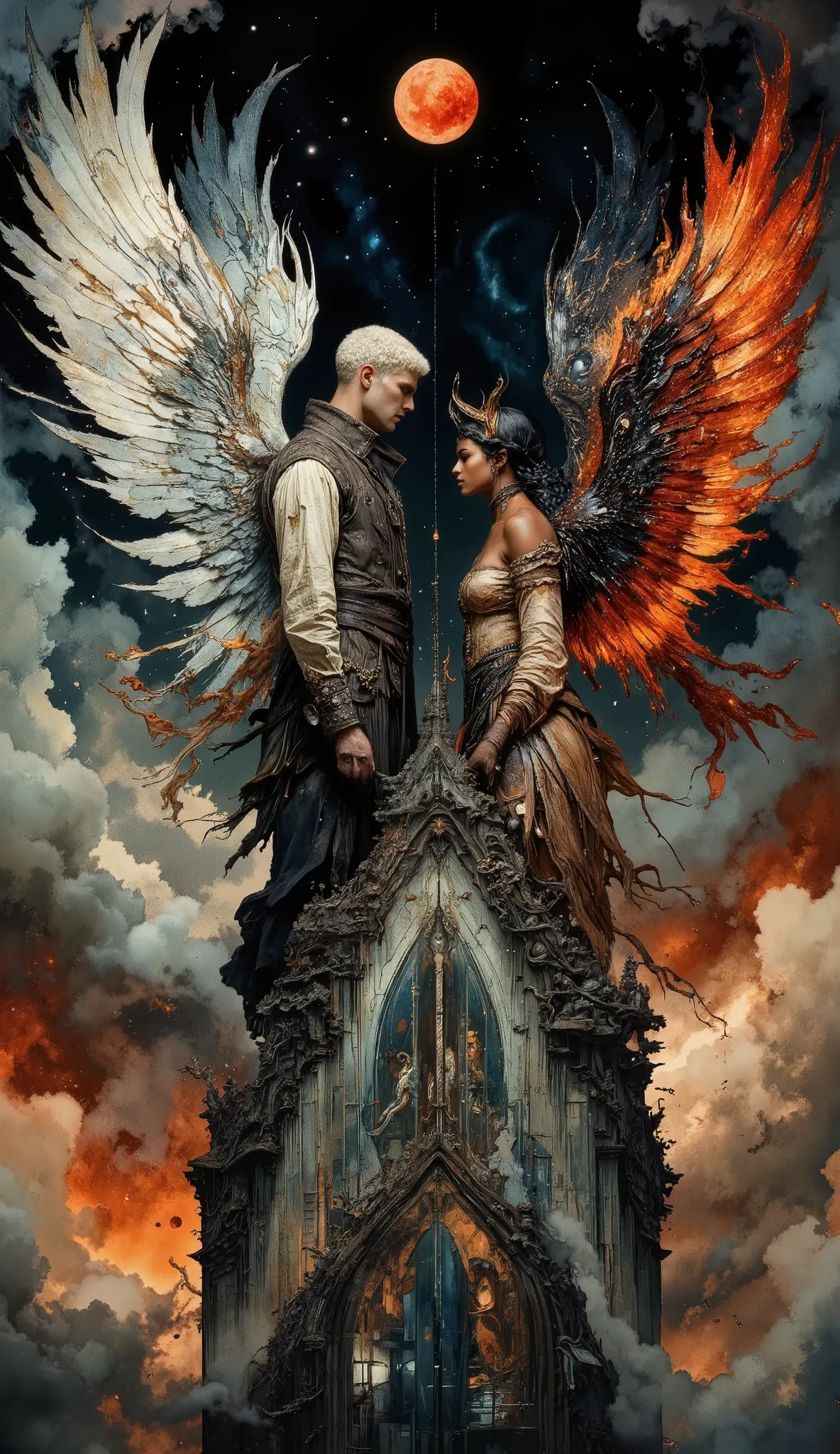 >(background: ink splatter, cubism-gothic), a surreal ancient dreamscape. VIVID dream-like depth.  layered illustration,  horror pin up pulp).(ultra hyperdetailed, max details:1.3), (atmospheric sense of depth:1.2), (hyperdetailed textures, extremely detai...