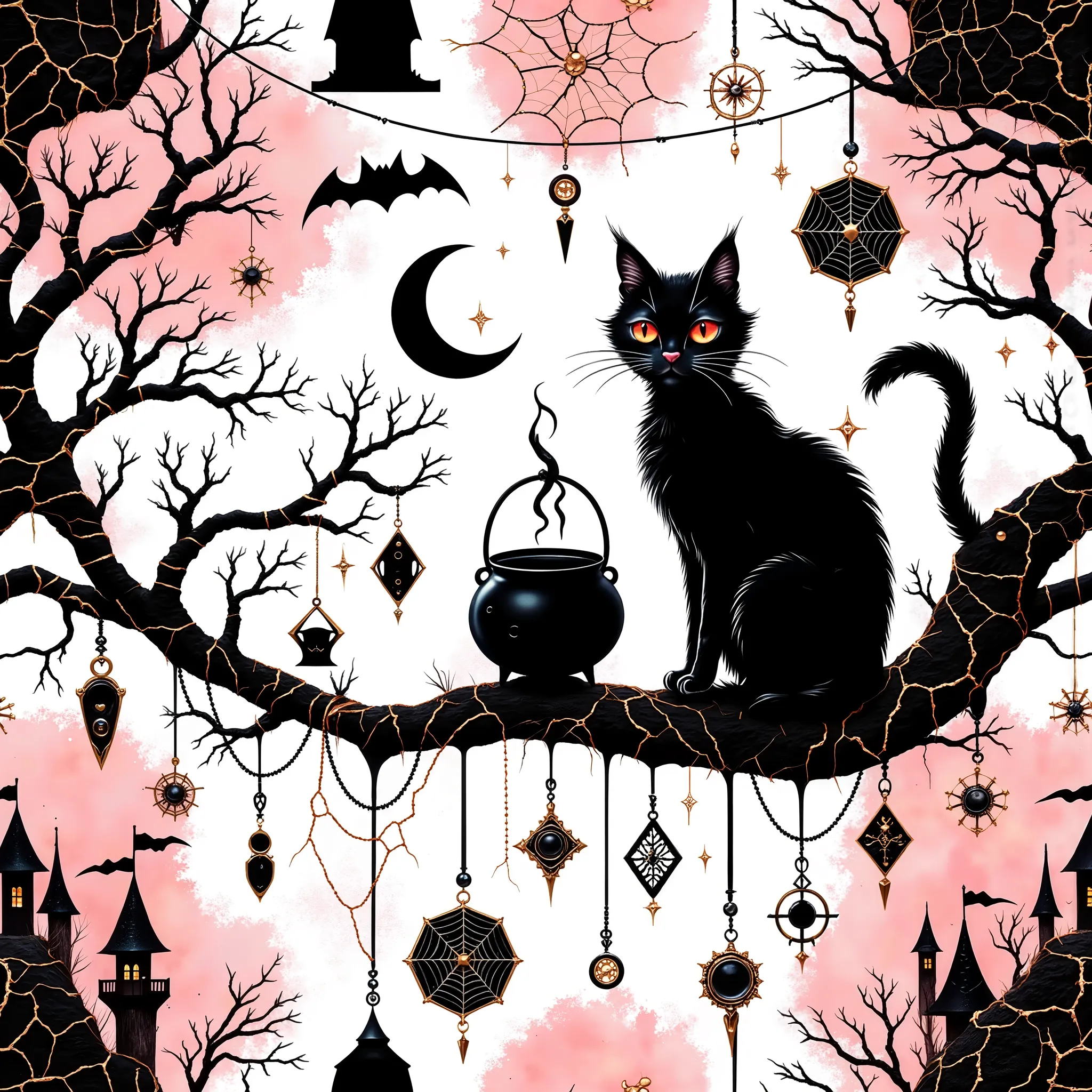 ((((smlstxtr)))), white-black-pink-gold, digital art, SEAMLESS PATTERN-landscape-haze,bracelets,amulets,spider web. creative, the line on which the black cat sits, the witch's cauldron, the gnarled tree, the moon, the castle,pixar,cartoon, on a white backg...