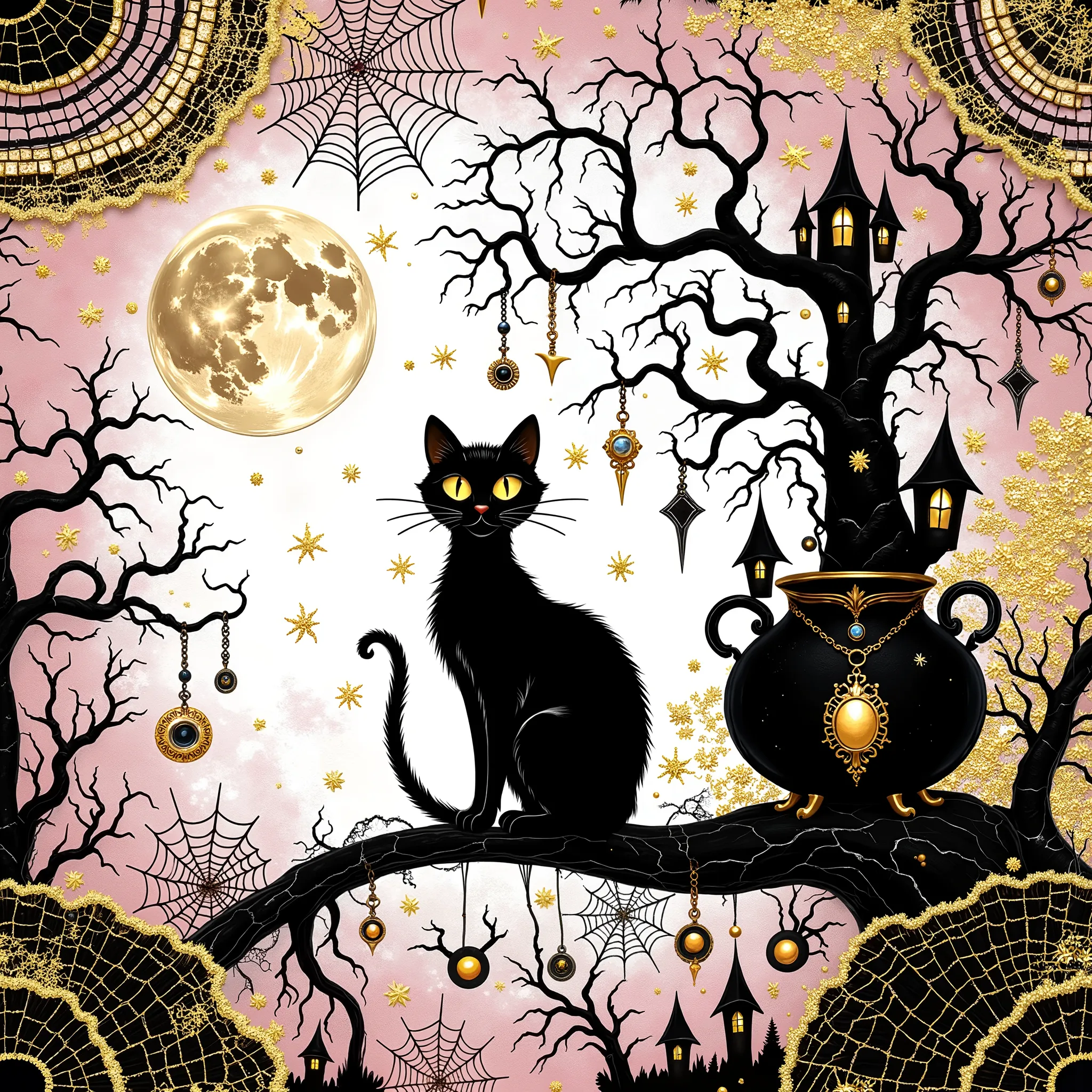 ((((smlstxtr)))), white-black-pink-gold, digital art, SEAMLESS PATTERN-landscape-haze,bracelets,amulets,spider web. creative, the line on which the black cat sits, the witch's cauldron, the gnarled tree, the moon, the castle,pixar,cartoon, on a white backg...