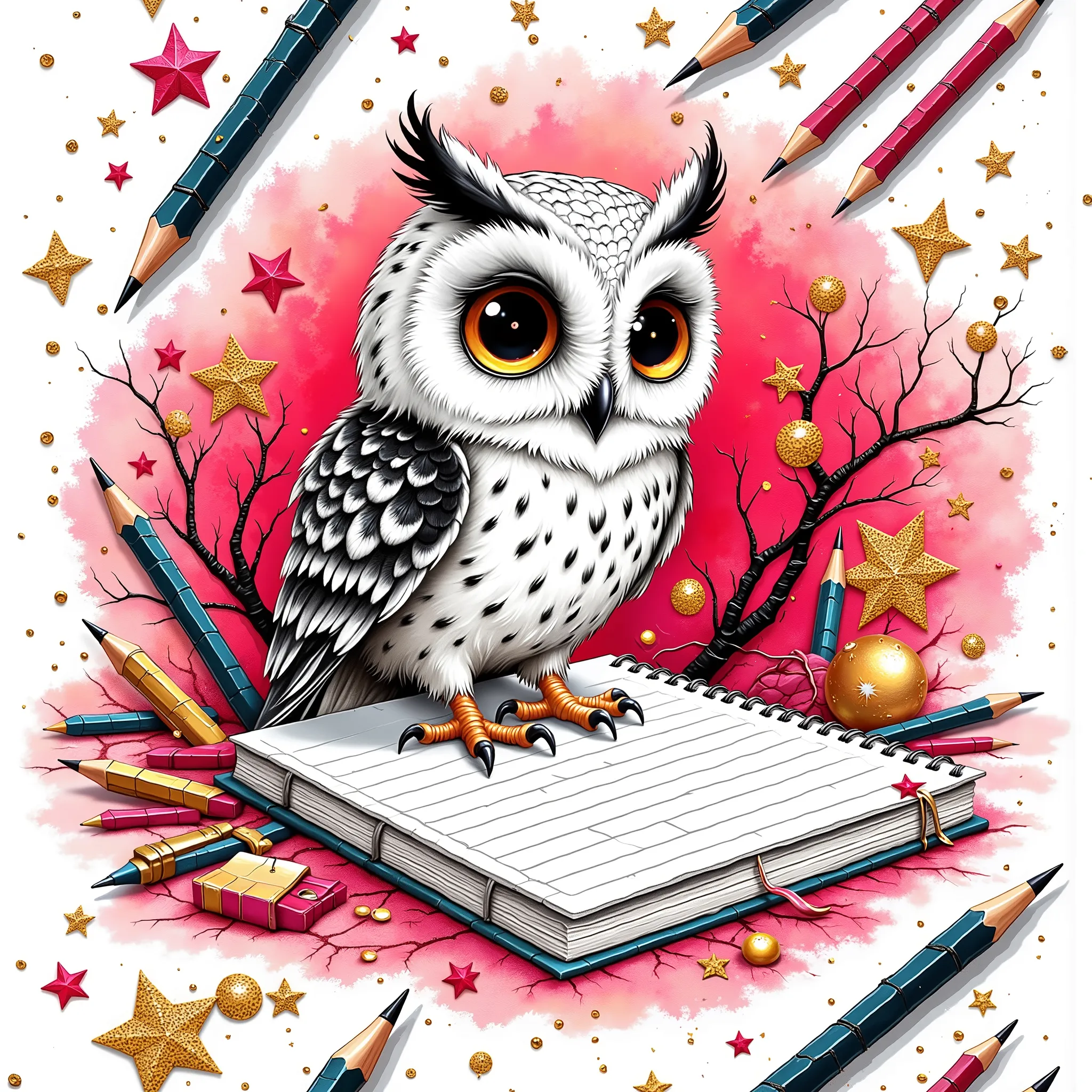 ((((smlstxtr)))), is painted white-black-pink-gold, digital art, SEAMLESS Pattern-landscape-haze, magic school, notebooks, textbooks, line, on which the owl sits, pencils , pens,pixar,cartoony, on a white background,,Shine,glare,перламутровый Shine, glitt...