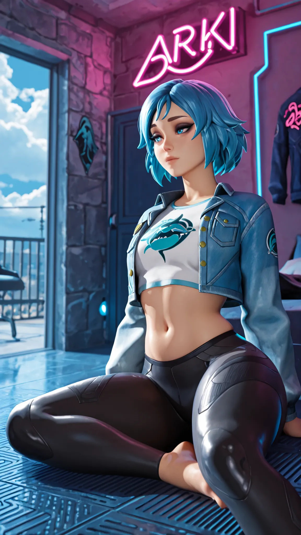 1 girl, masterpiece, black eyeshadow, blue eyes,Darki,Thick thighs, blue eyes, cropped jacket, blue hair, abdomen, short hair, cropped top, belly button, , denim jacket, denim, Black leggings, blue jacket, tight pants, room, neon light, cloudy sky, t-shirt...
