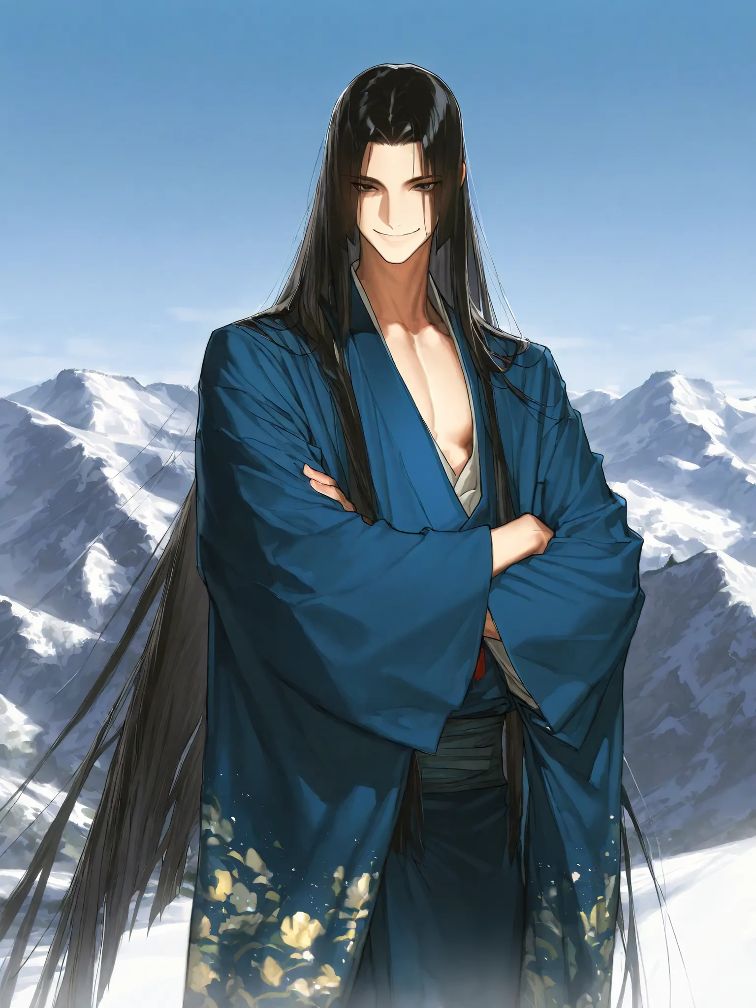 1man,pose ,in mountain,（1man,very handsome）,black hair,long straight hair,black eyes,gentle,smile,kimono japanese shinto sherman,beautiful face,detailed clothes,mysterious beautiful,masterpiece,high quality,(perfect detailed illustration ),masterpiece,8k,h...