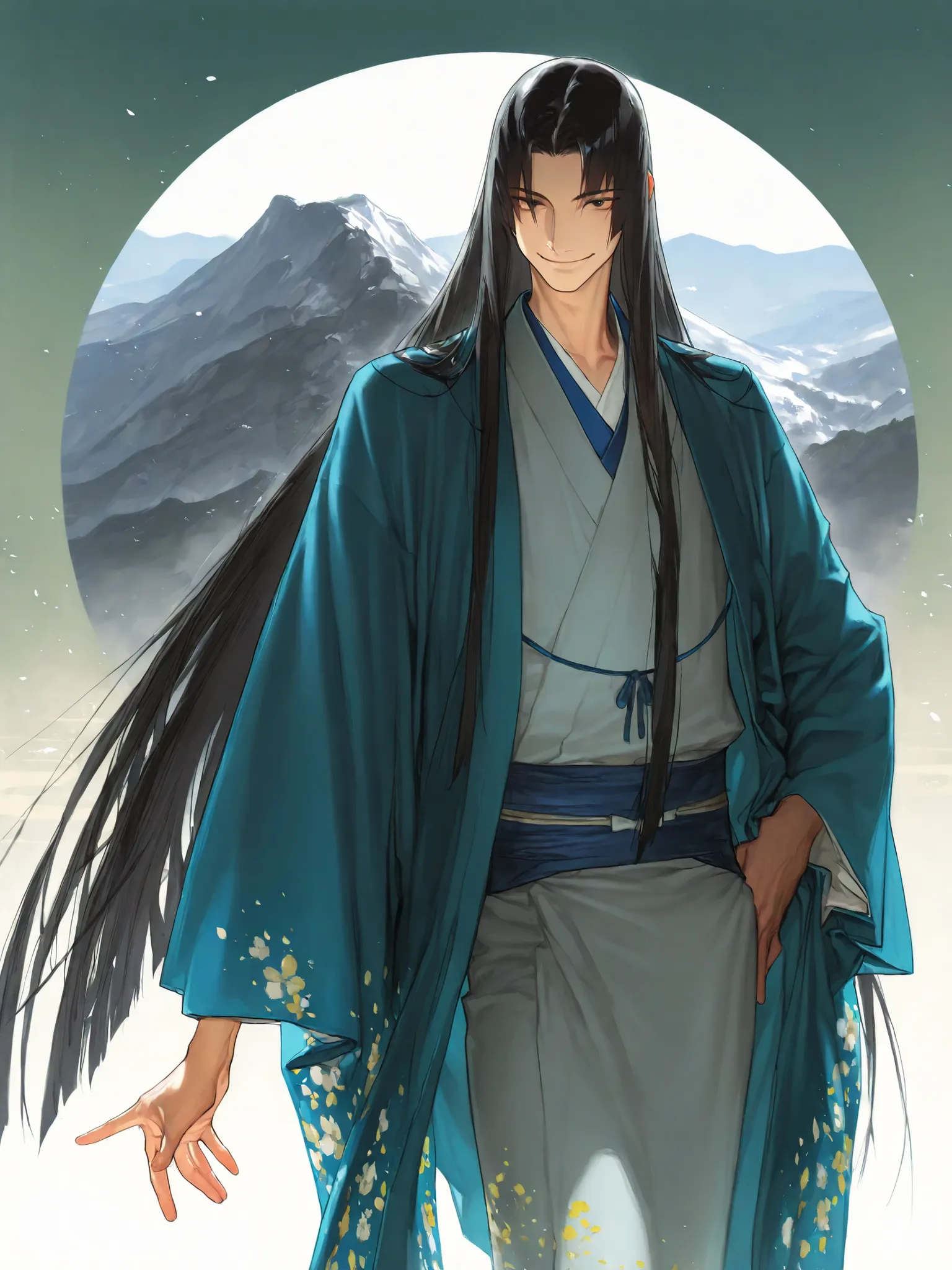 1man,pose ,in mountain,（1man,very handsome）,black hair,long straight hair,black eyes,gentle,smile,kimono japanese shinto sherman,beautiful face,detailed clothes,mysterious beautiful,masterpiece,high quality,(perfect detailed illustration ),masterpiece,8k,h...