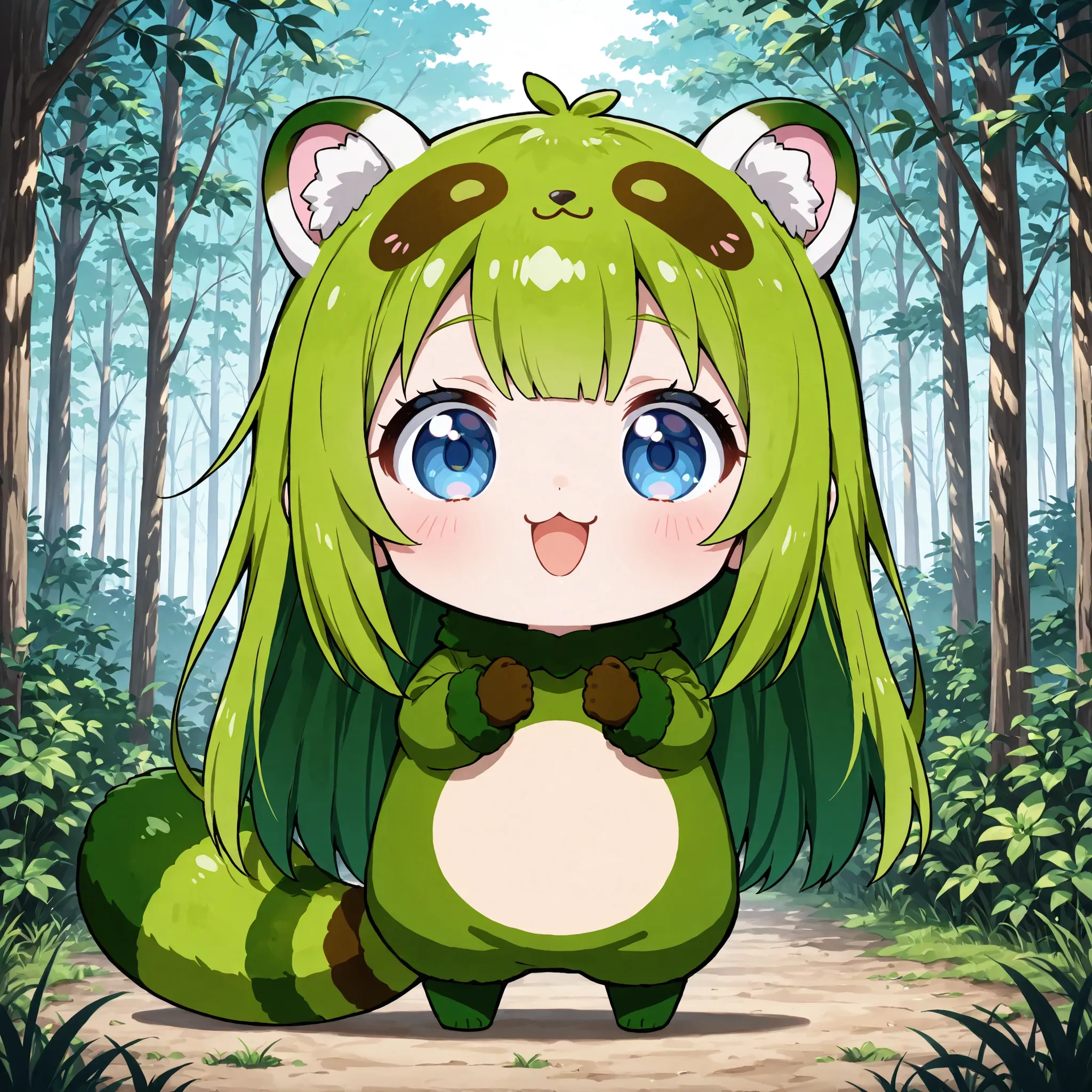 ((Masterpiece)),((best quality)),((incredibly absurdres)),((8K)),(anime style),chibi,
1 ((chibi girl)),(solo),green hair,long hair,straight hair,blue eyes,cute,kawaii,BREAK (tanuki ears,tanuki tail),white ear hair,pink inner ear,
green tanuki costume,green...