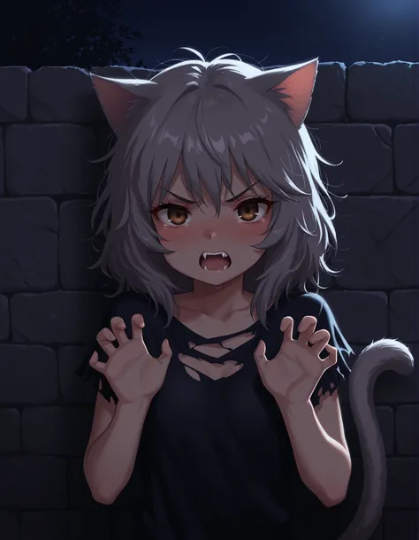 ostyle,, 1girl, petite, (skinny and frail:0.7), cat girl, against wall, stone wall, brown eyes,looking at viewer, grey hair, medium hair, messy hair, angry, (scared:0.4), (open mouth:0.5), fangs, hands up, (tearing up:0.5), tail raised, torn clothes, strai...
