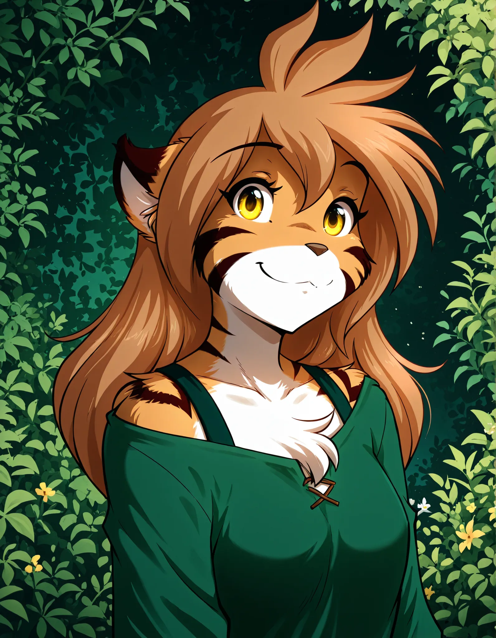 ostyle,, masterpiece, best quality, very aesthetic, 1girl,, furry, solo, flora-twokinds, flora_twokinds,, tiger, striped fur, keidran, yellow eyes, anthro,, green shirt