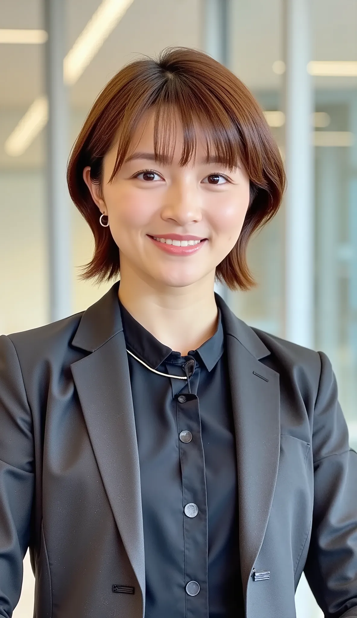 Neat Young Woman、and look at the camera、office lady suit、jacket、shirt、ネックレス、、ear piercing、、smile showing teeth、背景はオフィス