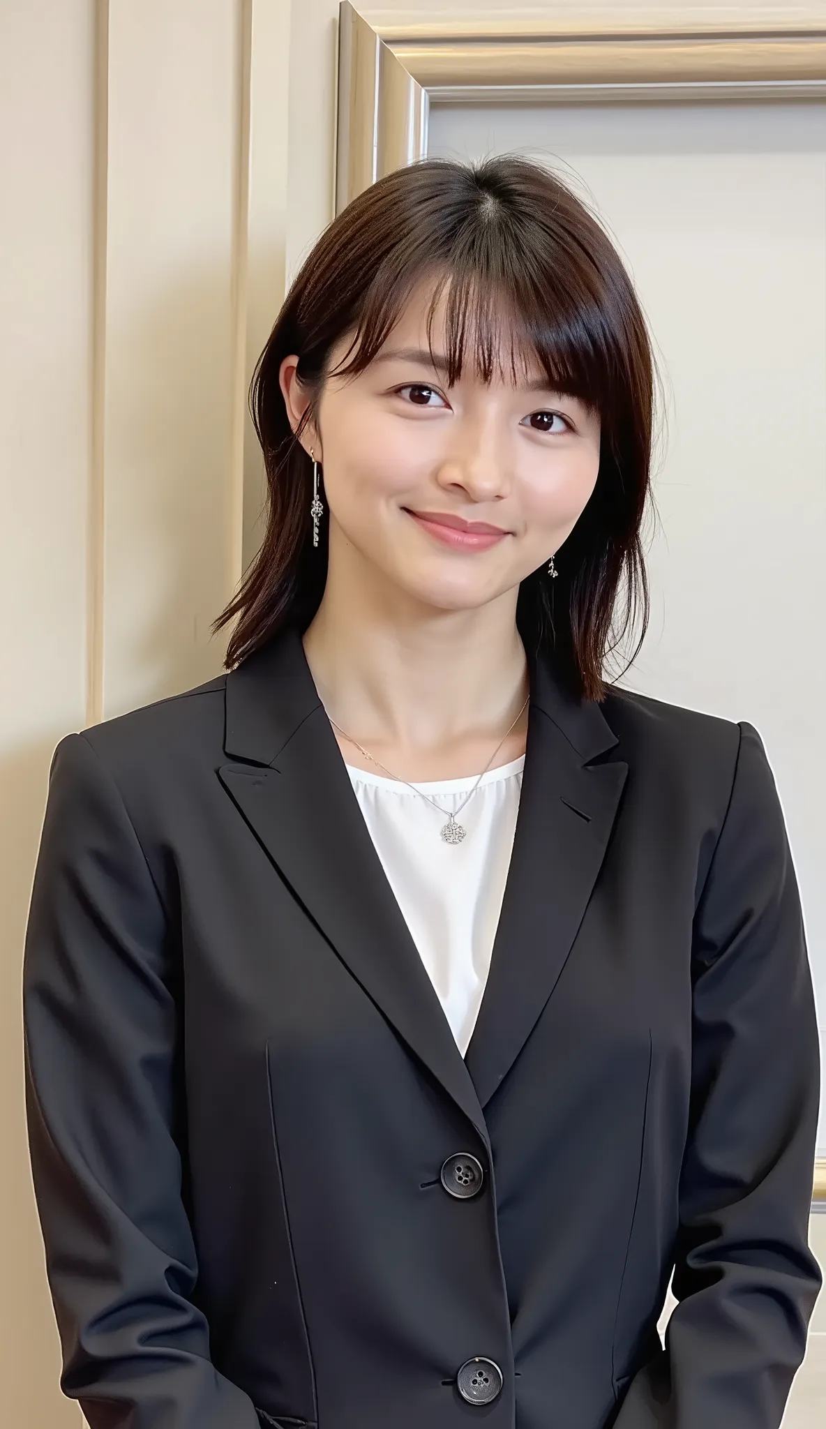 Neat Young Woman、and look at the camera、office lady suit、jacket、shirt、ネックレス、、ear piercing、漆黒の髪、、smile showing teeth、背景はオフィス