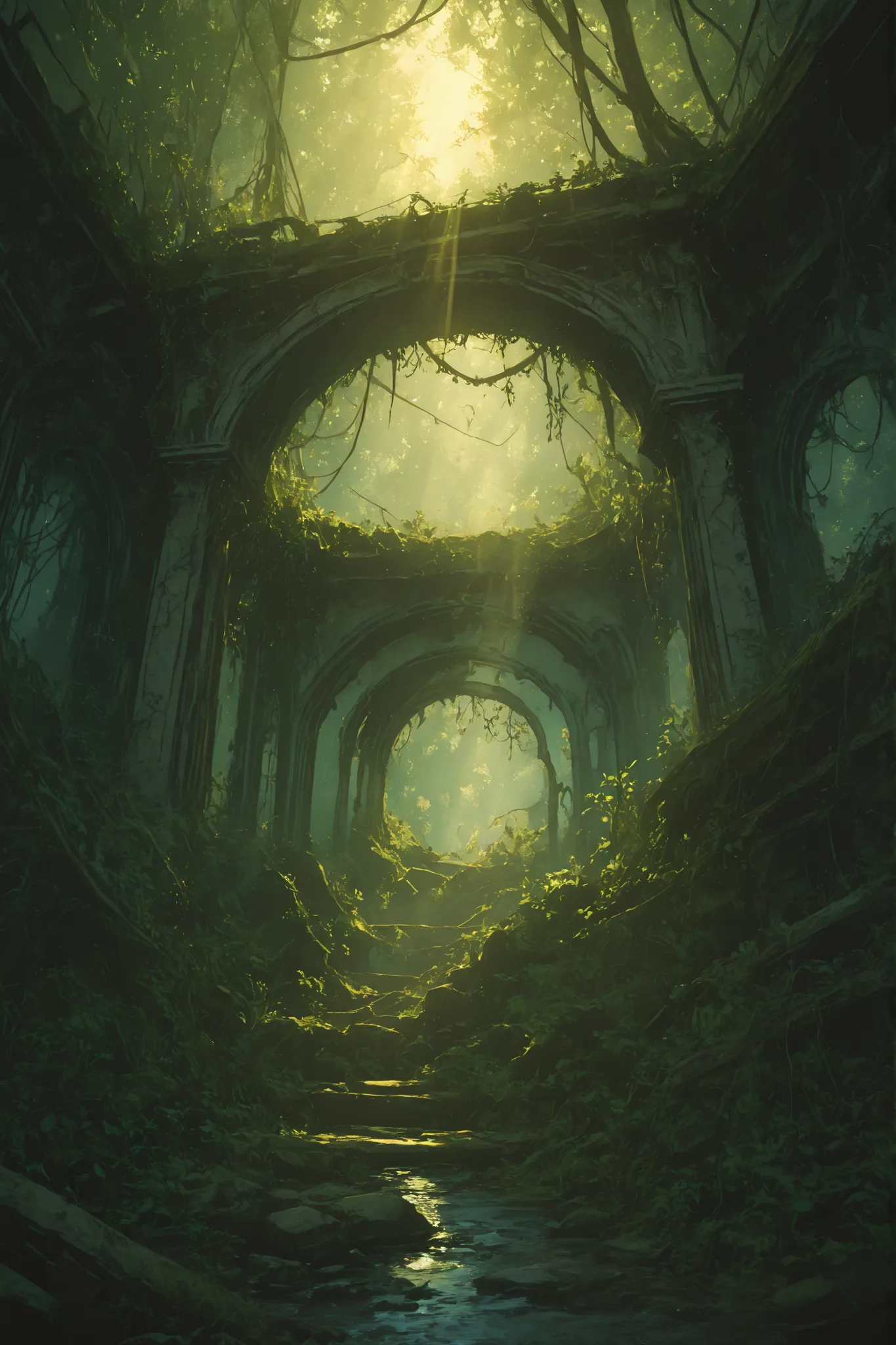 old ancient dungeon reclaimed by nature, vines, broken statues, sunlight, detailed scene, realistic, 4k, ultra-detailed, photorealistic, dramatic lighting, high contrast, moody atmosphere, overgrown ruins, crumbling architecture, verdant vegetation, shafts...
