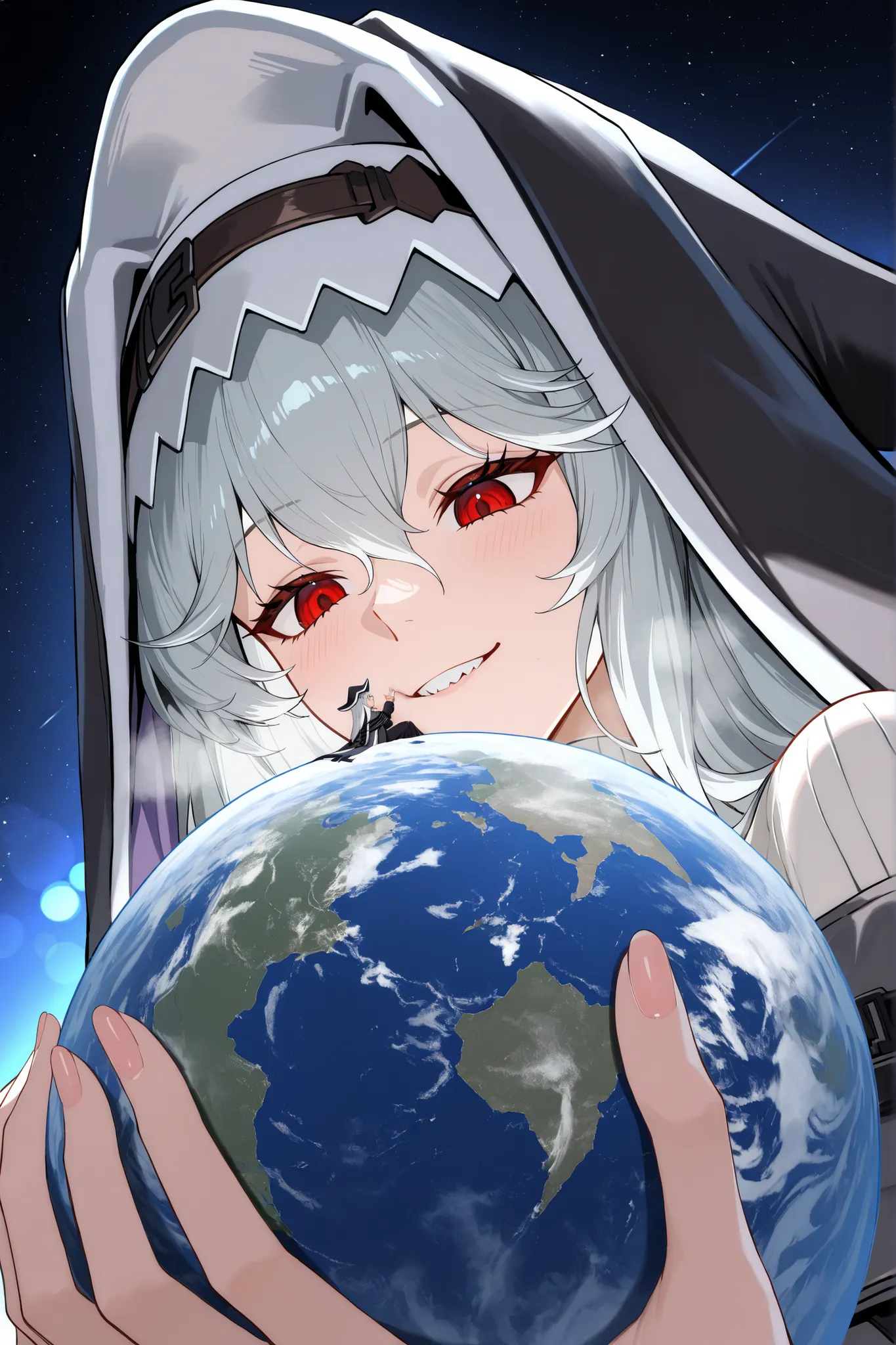 detailed eyes, upper body, multiple girls, (specter (arknights), ), Collapsing Earth, The Earth Is Broken, A woman eating the earth, jagged teeth,  giantess, hug, score_9_up, score_8_up, score_7_up, giantess, A woman bigger than the planet, A woman bigger ...