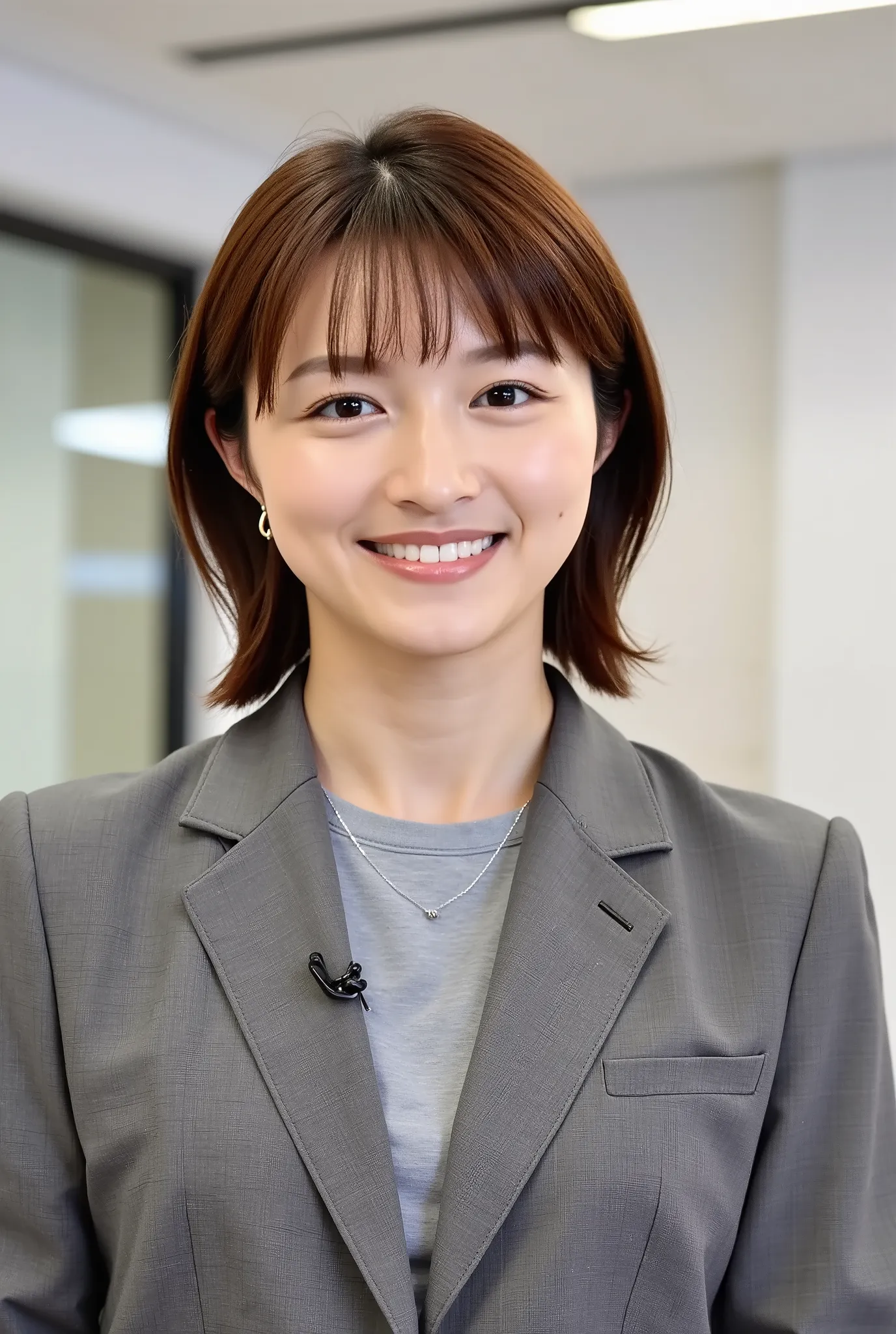 Neat Young Woman、and look at the camera、office lady suit、jacket、shirt、ネックレス、、ear piercing、、smile showing teeth、背景はオフィス