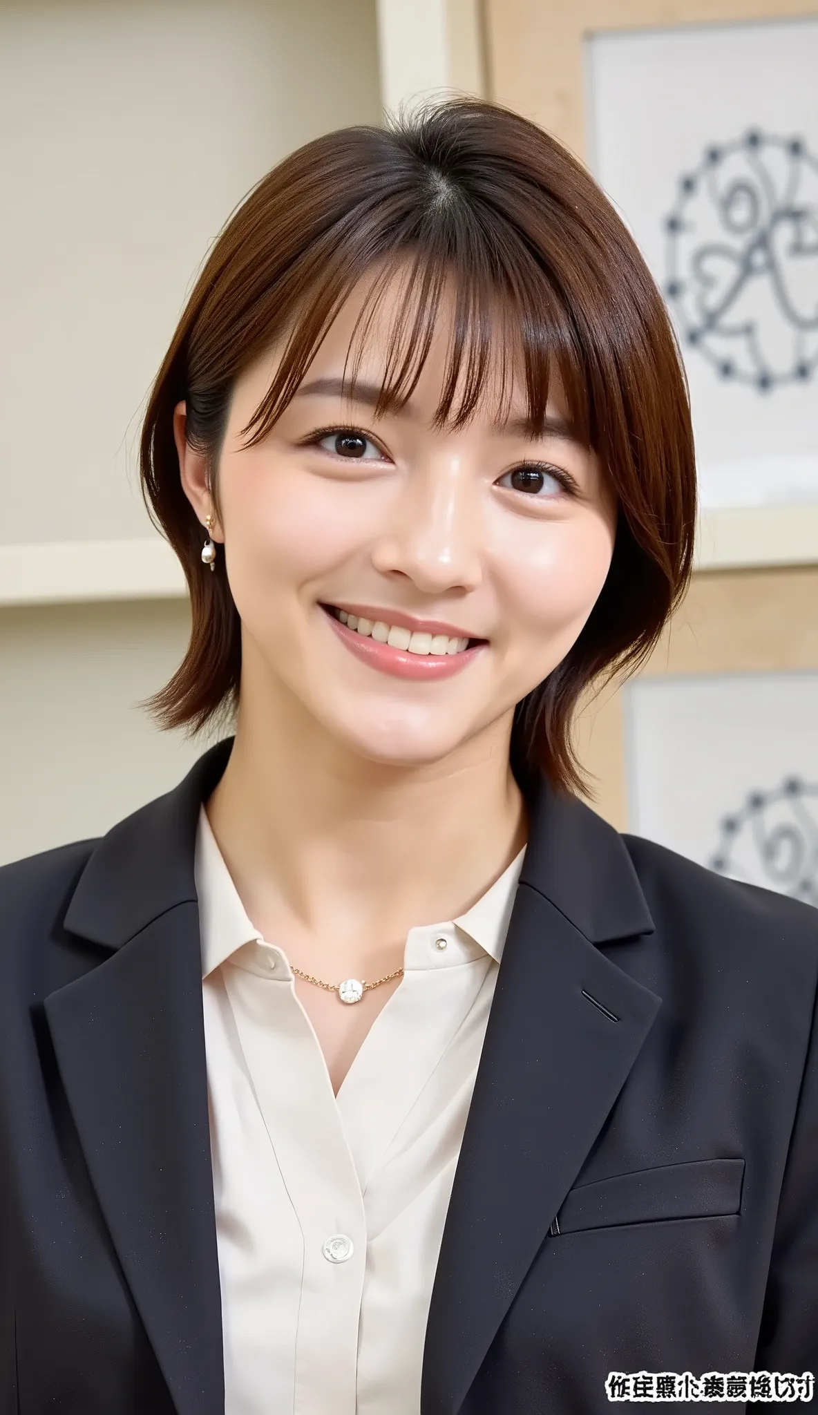 Neat Young Woman、and look at the camera、office lady suit、jacket、shirt、ネックレス、、ear piercing、、smile showing teeth、背景はオフィス