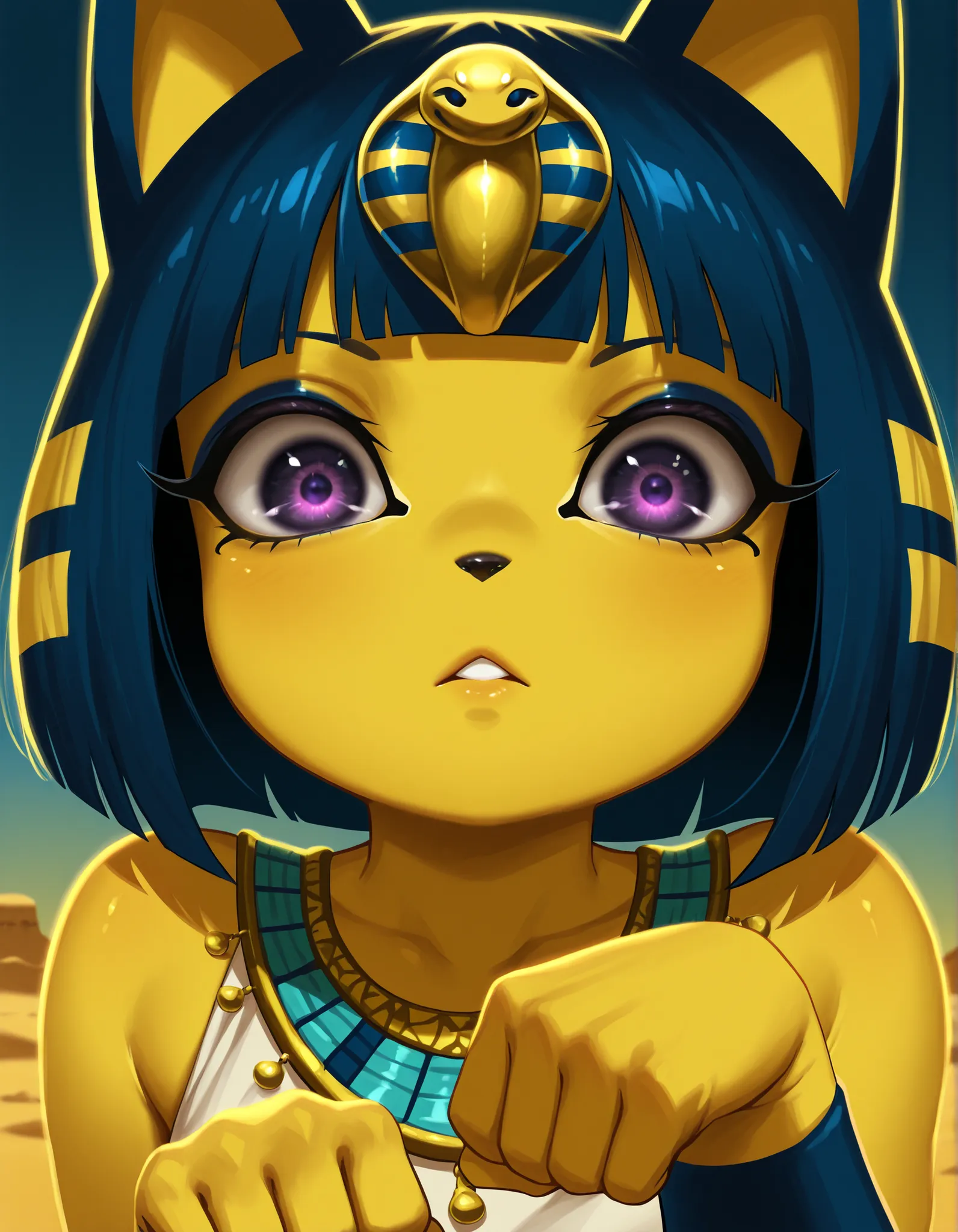 ostyle,, depth of field, 1girl, furry, ankha \(animal crossing\), expressionless, eye reflection, yellow background, yellow theme, blue background, desert,, purple eyes, glowing eyes, wide-eyed, paw pose, looking at viewer, close-up, parted lips,