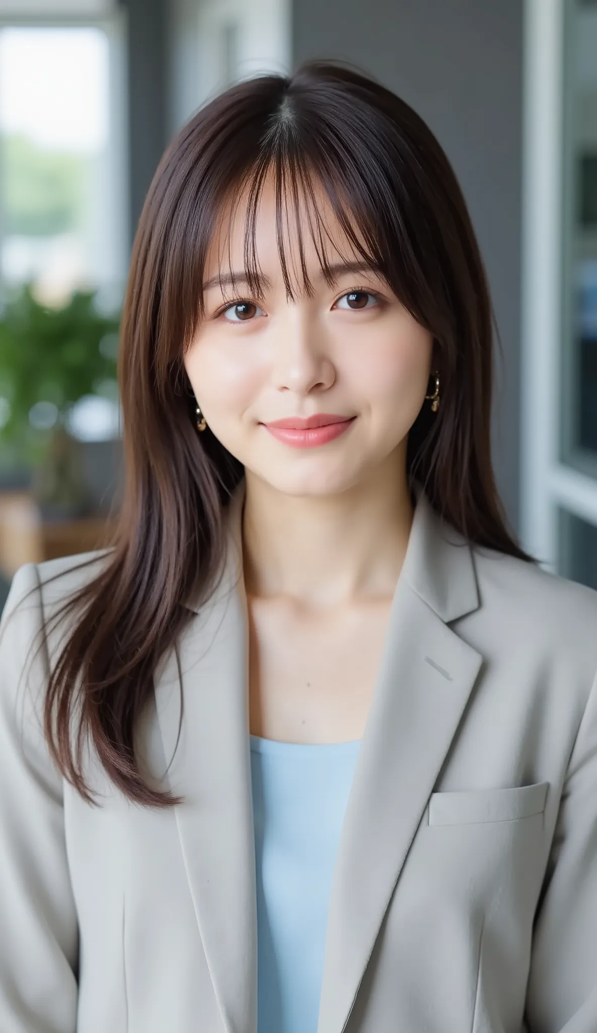 Neat Young Woman、and look at the camera、office lady suit、jacket、shirt、ネックレス、、ear piercing、、smile showing teeth、背景はオフィス


