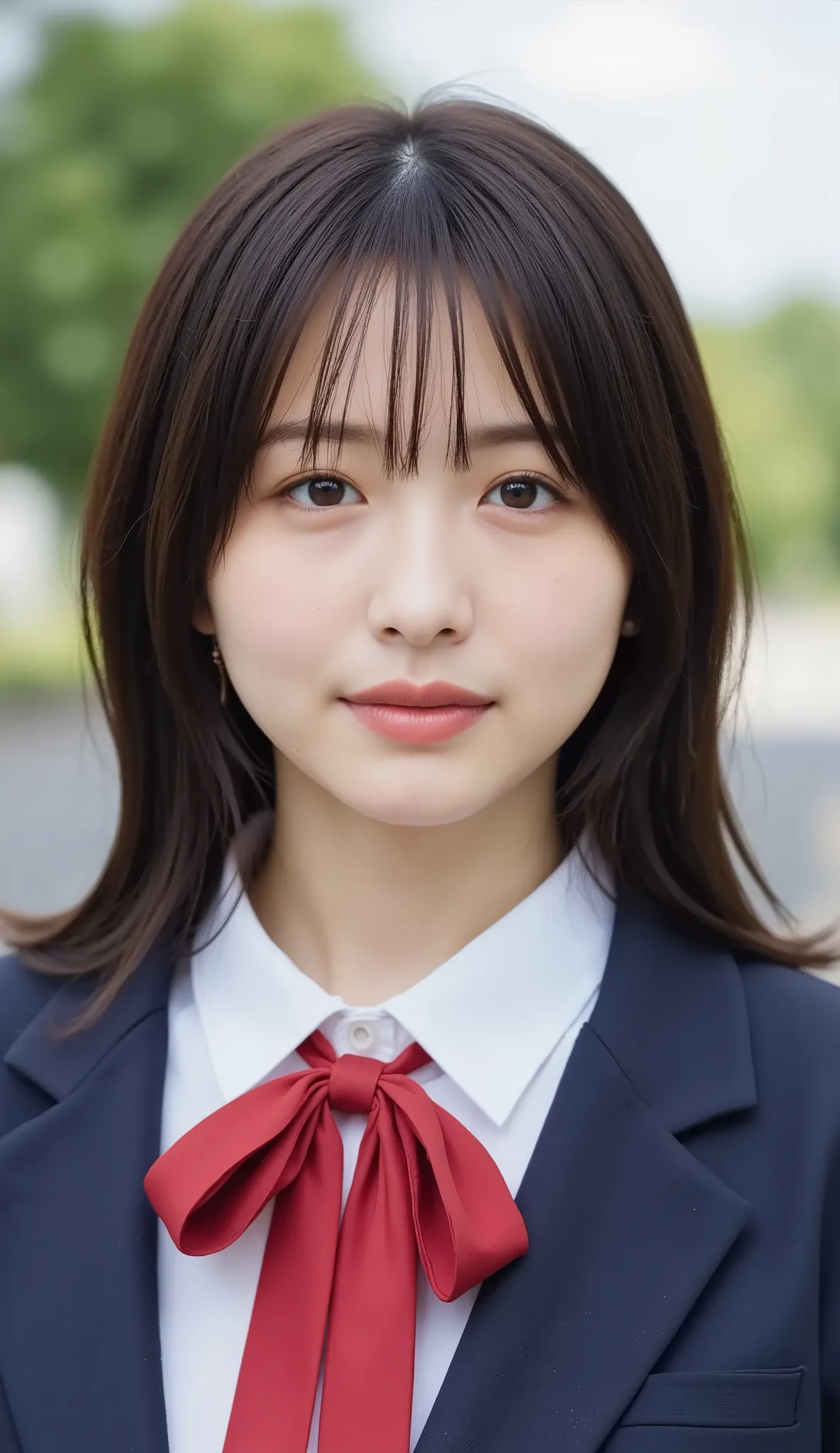 high school girl、 1 Pretty Woman、Japanese Idol、droopy eyes、Tear Mole、has a charming cute smile、Ideal proportions、high school girl、navy blue blazer、White Shirt、red ribbon bow tie、Small neck slanted 、schools、masterpiece、Highest Quality、Ultra HD、歯を見せた笑顔、
Wait...