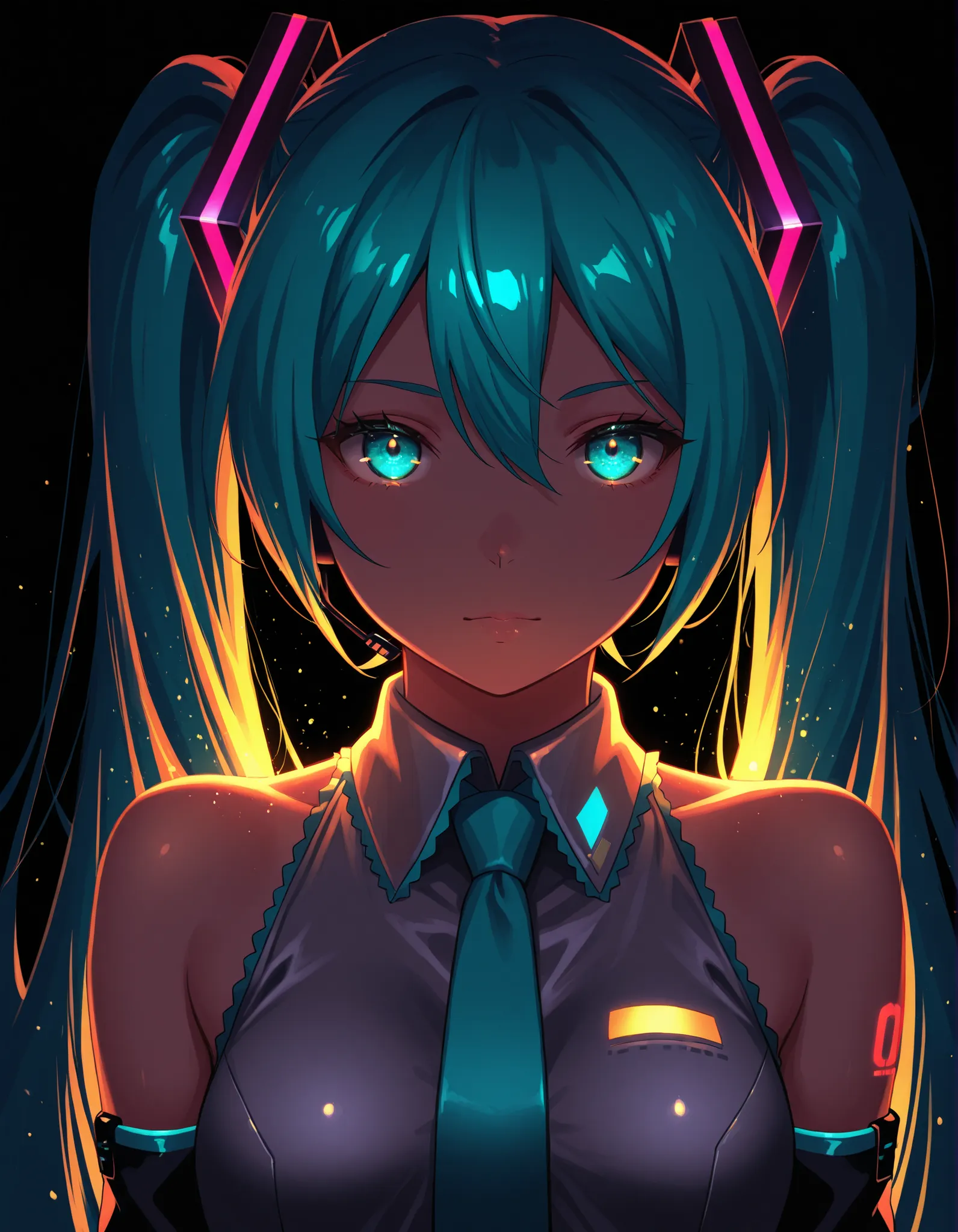 ostyle,, Hatsune Miku,limited palette,black background,colorful,vibrant,glowing outline,neon,blacklight,looking at viewer, masterpiece, very aesthetic