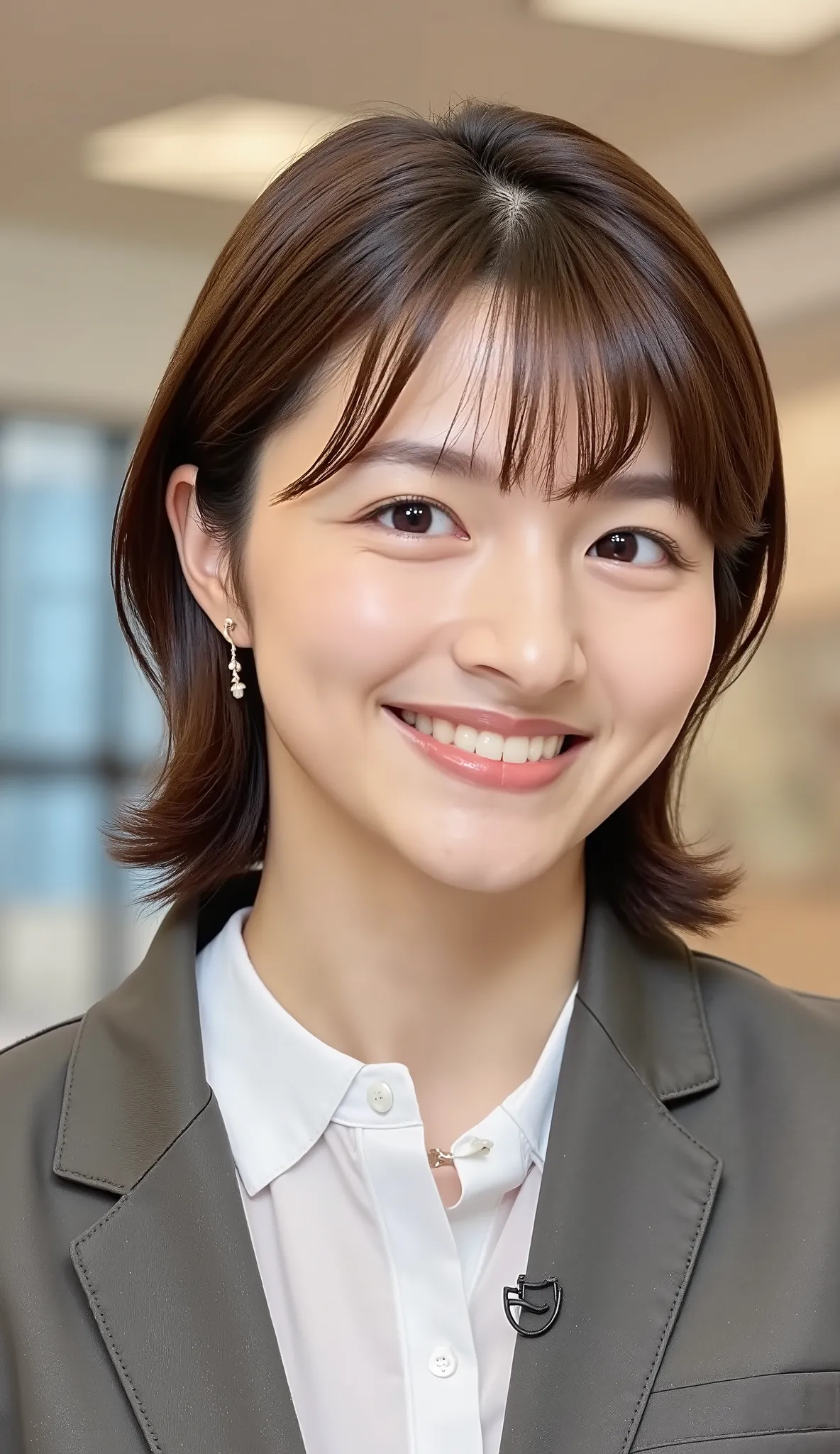 Neat Young Woman、and look at the camera、office lady suit、jacket、shirt、ネックレス、、ear piercing、、smile showing teeth、背景はオフィス