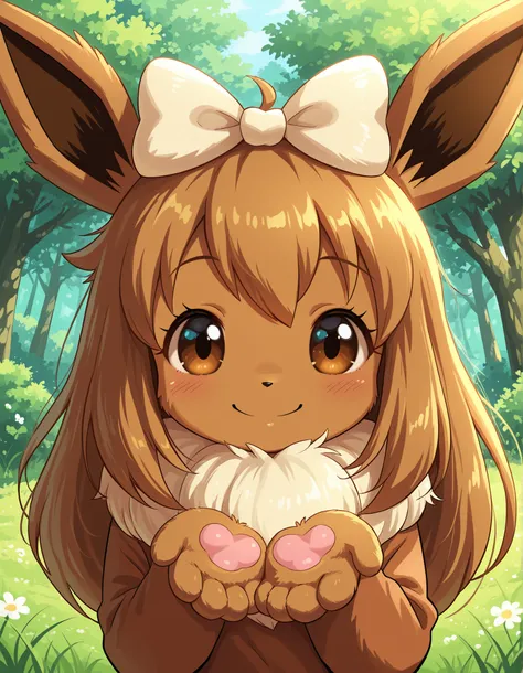ostyle,, pokekid, eevee, fluffy girl, furry girl, female, smile, smiling, has a big pretty bow in her hair, has animal paws for hands, 1girl, best quality, outdoors, high definition, cute,