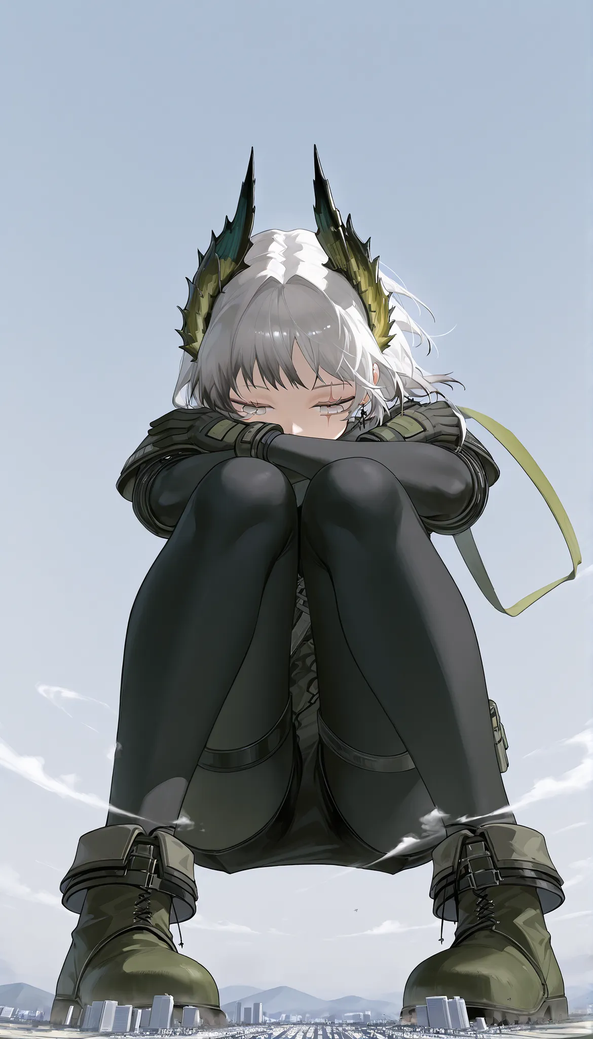 score_9_up, score_8_up, score_7_up, Sit on the ground,irene_\(the_adjudicatrix_and_her_resolve\)_\(arknights\), grey eyes, grey hair, green horns, scar across eye, short hair, black bodysuit, black gloves, black pantyhose, ankle boots, giantess rampage, mi...