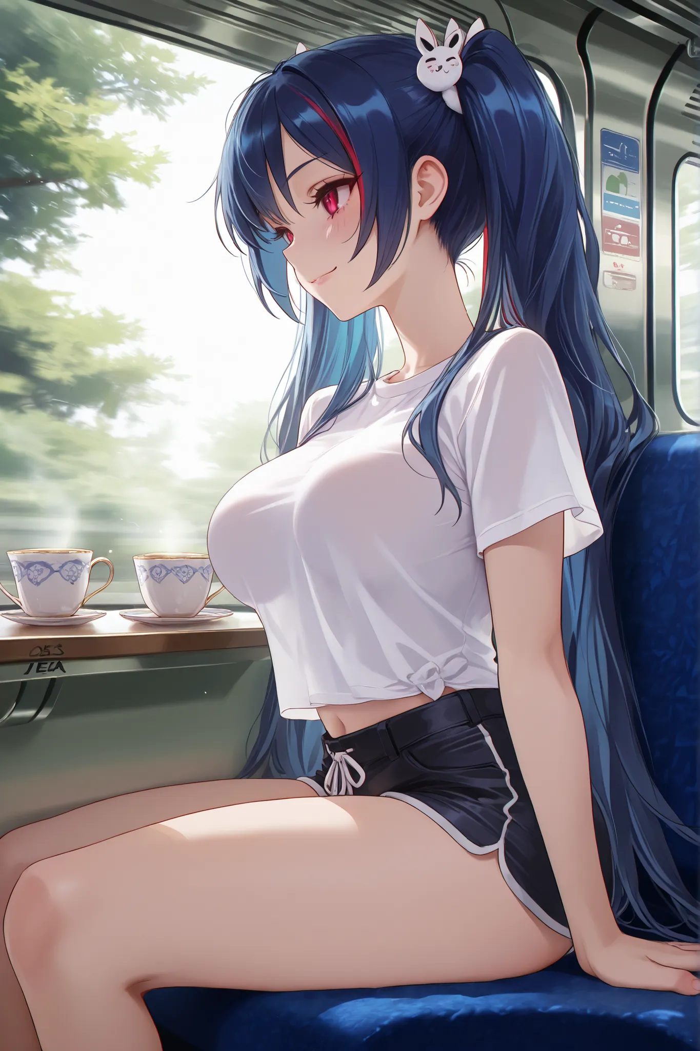 Dratena Belbury , masterpiece , best quality , amazing quality , 1girl, NSFW , chromatic aberration , very long hair , Red eyes, twintails , breasts, On the train, sitting, beautiful view from the window, smile, nature, tea on the table, Side view, looking...
