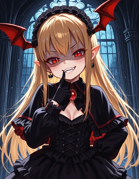 ostyle,, VaniVampy, vampy, vampire girl, 1girl, solo, very long blonde hair, bangs, red eyes, head wings, pointy ears, fangs, slit pupils, black dress, gothic, long sleeves, frills, frilled dress, puffy long sleeves, hairband, hair bow, black earrings, cle...