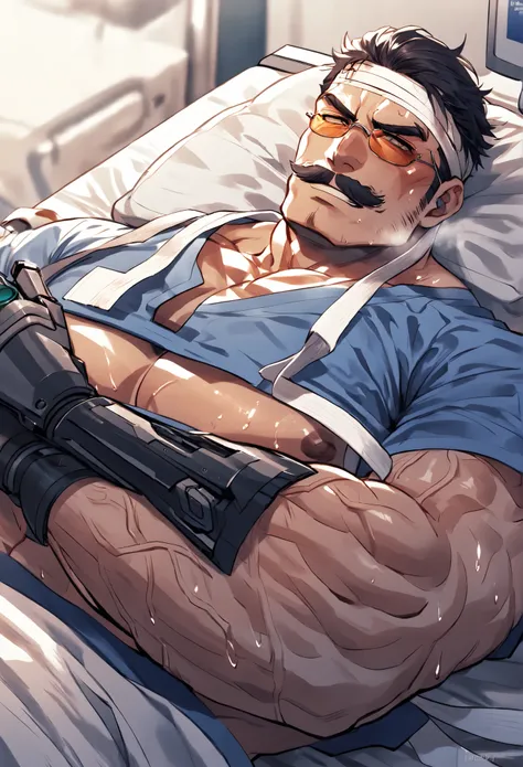 A middle-aged defeated robot mafia boss man, Detailed face, Captivating look, moustache, Masculine face, Muscular body, Prominent veins, wearing patient uniform, sunglass, alone, lying down on the bed in the hospital, hospitalized,in the hospital at midnig...