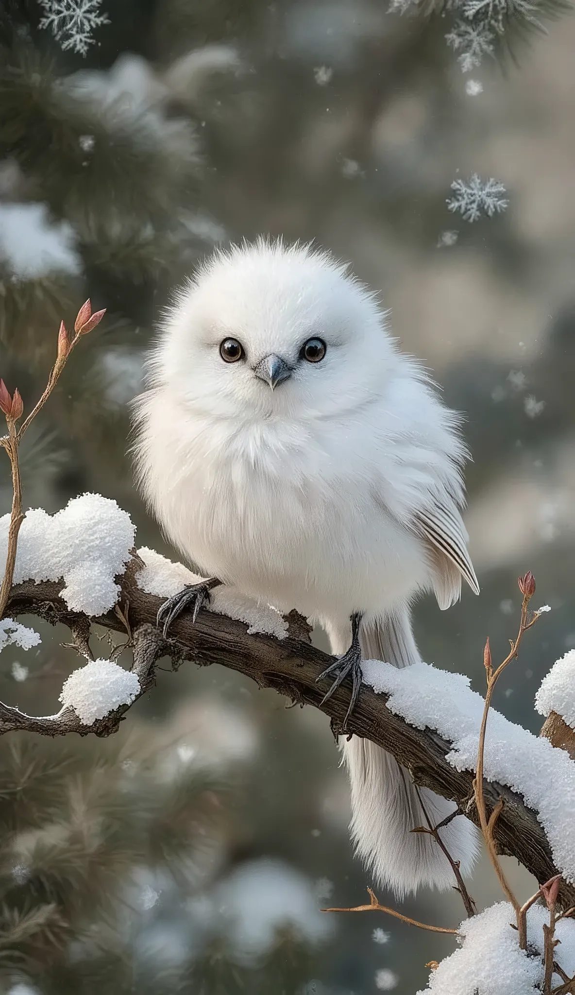 シマエナガ,Long-tailed Tit,(round body,all white fur and is fluffy:1.3),cute Round eyes
,nohuman,wide shot,falling snow,landscape background,trees,on branch,winter,snow,day,day light,dynamic pose,dynamic angle,natural lighting,vivid color,ito jakuchu,nihonga,su...