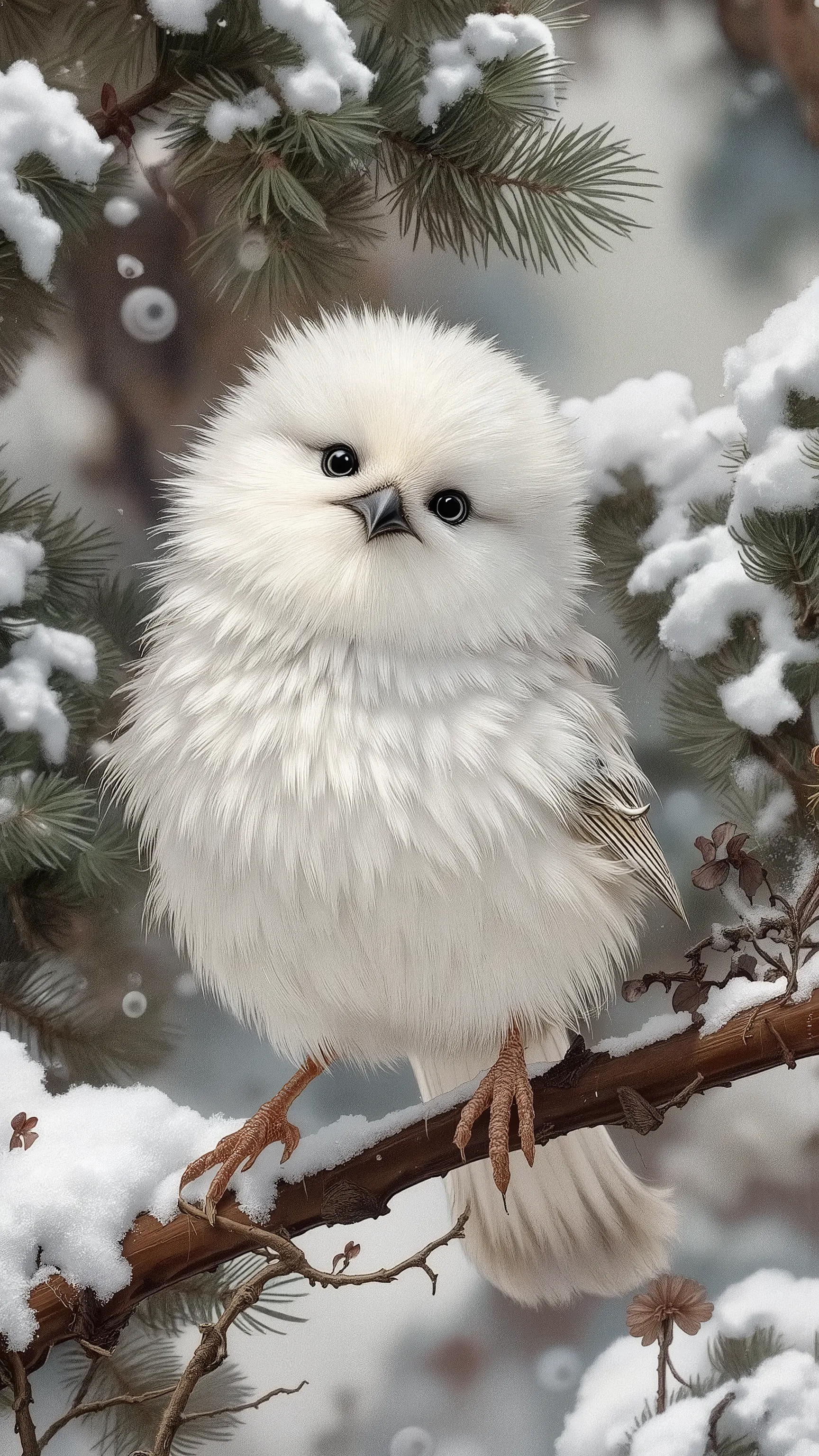 シマエナガ,Long-tailed Tit,(Stocky round body,all white fur and is fluffy:1.3),small cute black Round eyes
,eyes slightly lower,no human,wide shot,falling snow,landscape background,trees,on branch,winter,snow,day,day light,dynamic pose,dynamic angle,natural lig...