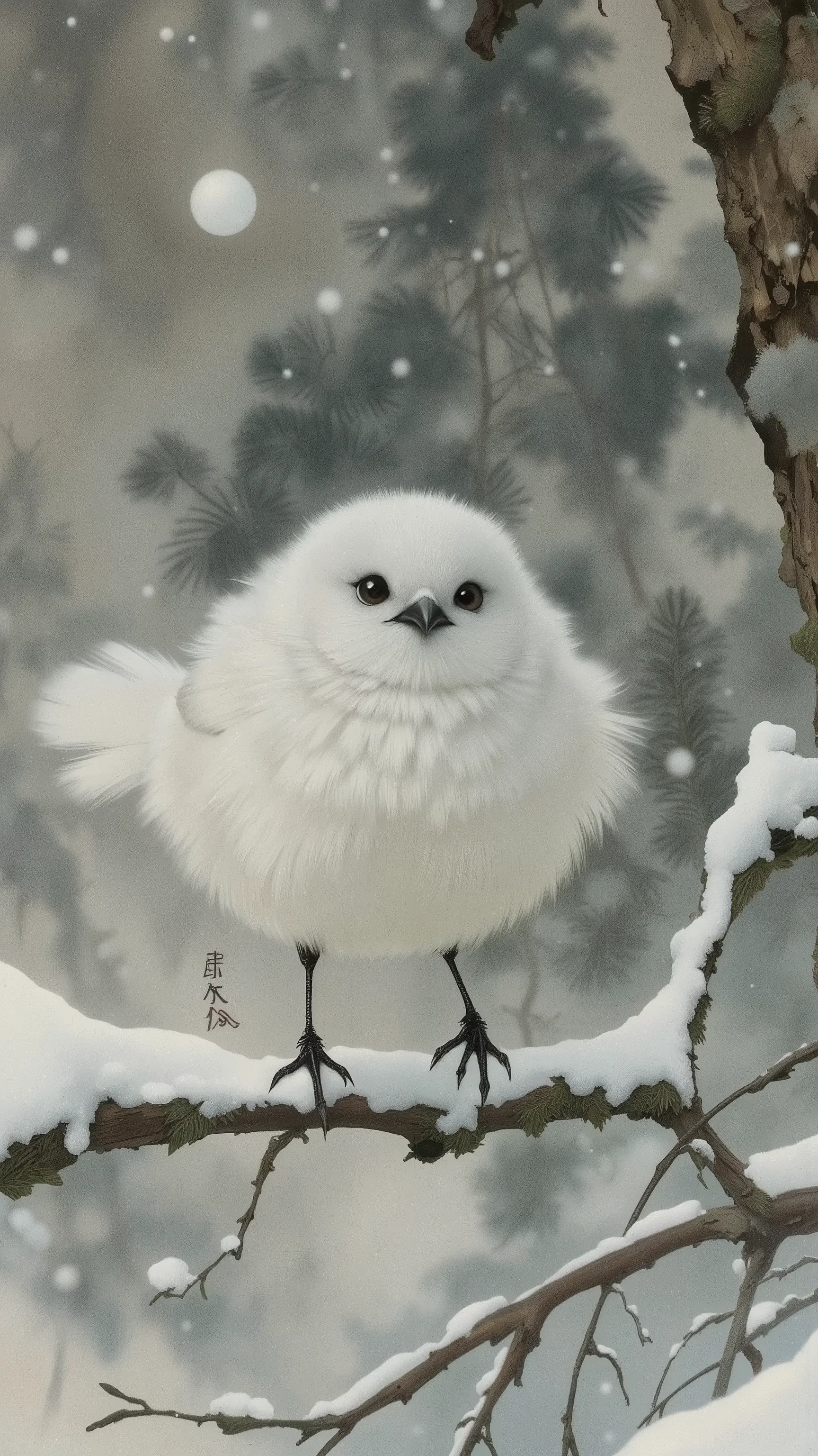 シマエナガ,Long-tailed Tit,(Stocky round body,all white fur and is fluffy:1.3),small cute black Round eyes
,The eyes are set slightly apart and slightly lower,no human,wide shot,falling snow,landscape background,trees,on branch,winter,snow,day,day light,dynamic...