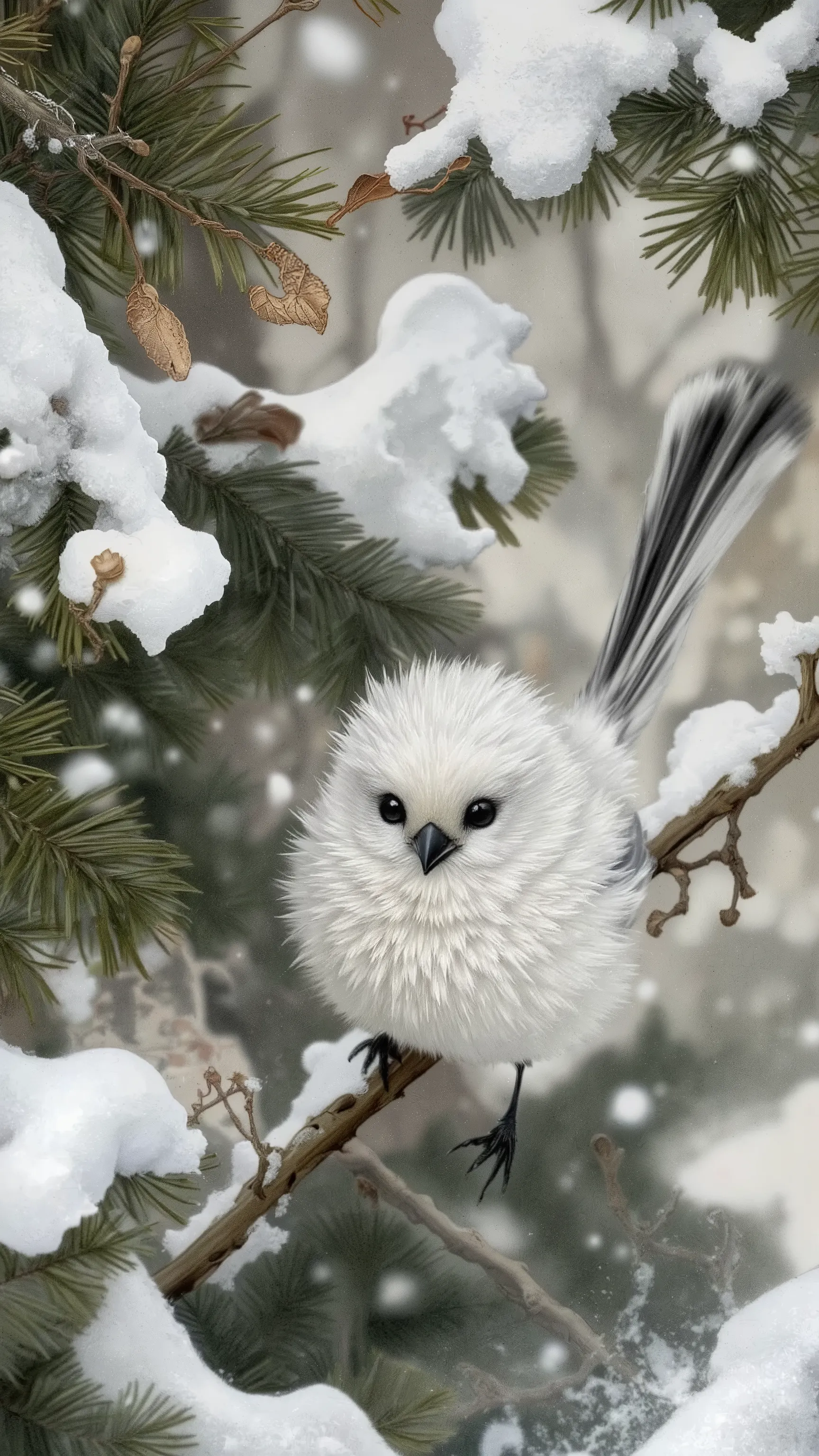 シマエナガ,Long-tailed Tit,(Stocky round body,all white fur and is fluffy:1.3),small cute black Round eyes
,The eyes are set slightly apart and slightly lower,no human,wide shot,falling snow,landscape background,trees,on branch,winter,snow,day,day light,dynamic...