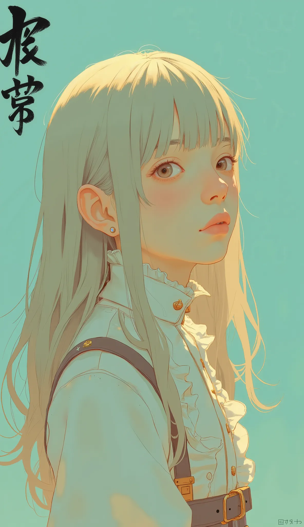 The charming digital art work highlights the elegance of the、depicts a young man with long hair, Hair flowing down the shoulders , is set against a bright blue-green background. hair, beautifully detailed with shades of light blonde and subtle highlights, ...