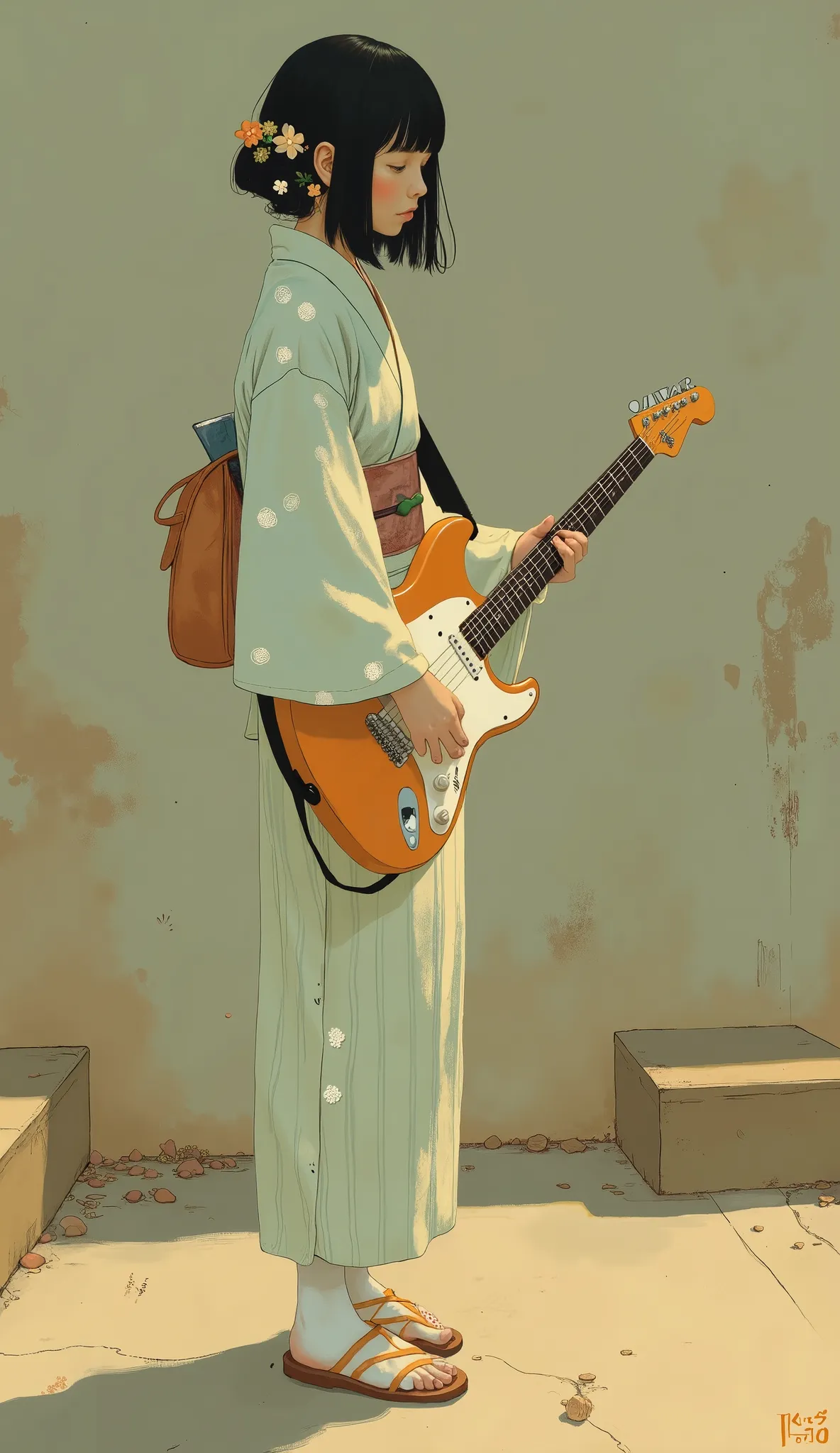 A young woman wearing a traditional Japanese yukata stands on textured skin, with a muted brown background. The yukata is a light 、The large「, features subtle stripes adorned with, adds a gentle and playful touch to clothing. In her hands, She has a red an...