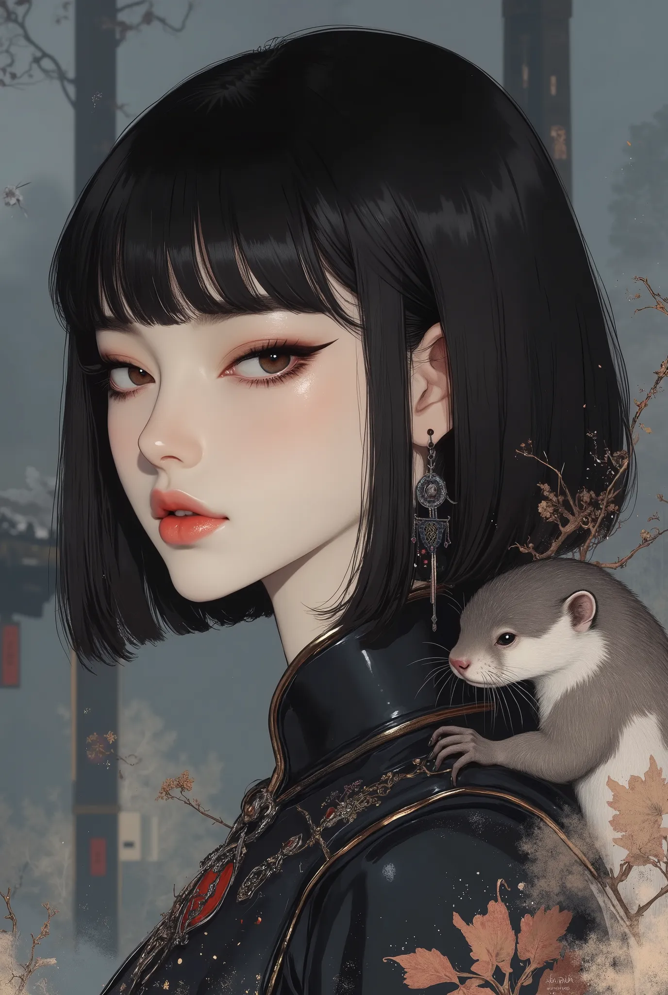 Oriental beauty with bangs and short black bob and small-clawed otter