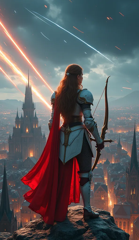 (Representative works、4K resolution、Super Real、very detailed)、(『Knight of the Constellation』theme、Charisma、中世ヨーロッパのcityscapeを見下す、The Girl at the Top of the City、Sagittarius knight in white armor and red costume looking down on medieval European streetscapes、She's a Superhuman Hero)、(20 years old)、(Long Chestnut Hair:1.2)、full body、(Knight Costume)、( battle pose)、 Shoot Her Powers )、(( European Urban Environment :0.8)|(cityscape、 night view、 DYNAMIC LIGHT )、(Meteor Shower))