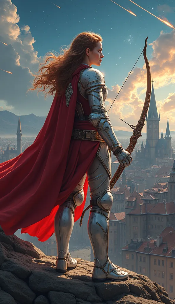 (Representative works、4K resolution、Super Real、very detailed)、(『Knight of the Constellation』theme、Charisma、中世ヨーロッパのcityscapeを見下す、The Girl at the Top of the City、Sagittarius knight in white armor and red costume looking down on medieval European streetscapes、She's a Superhuman Hero)、(20 years old)、(Long Chestnut Hair:1.2)、full body、(Knight Costume)、( battle pose)、 Shoot Her Powers )、(( European Urban Environment :0.8)|(cityscape、 night view、 DYNAMIC LIGHT )、(Meteor Shower))