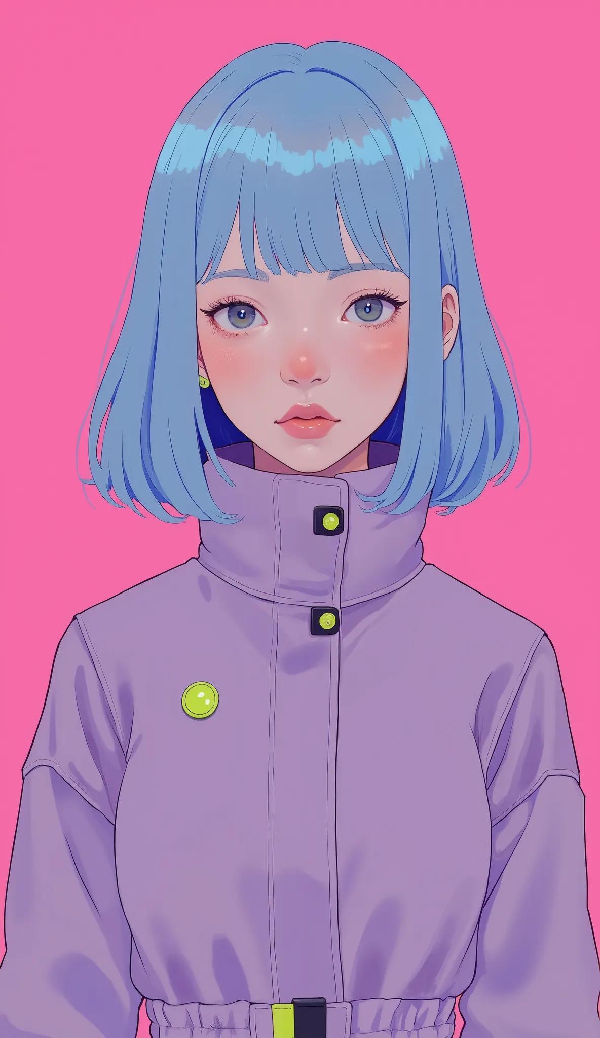 若い女性を描いたデジタルイラストは、, パステルブルーの髪, 顔を縁取るボブカットにスタイリングされている. 彼女の目は大きく、表情豊かである, ピンクと紫の色合いが, 彼らに活気のある, ほとんど霊的な質感. 彼女はハイカラーのジャケットを着ている, 明るい色の服を主に着ている, ターコイズのアクセントが付いたライムグリーンの色合い, 鮮やかなピンクの背景と鋭いコントラストをなしている, キャラクターを目立たせる. 背景のシンプルさにより、彼女の穏やかな表情とキャラクターデザインの滑らかさに焦点を当てるこ...