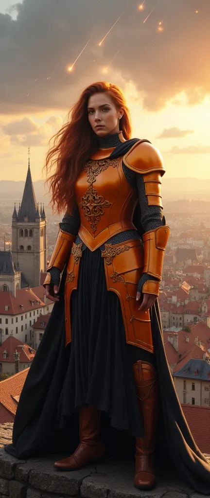 (Representative works、4K resolution、super realistic、Very Detailed)、(『Knight of the Constellation』theme、charisma、中世ヨーロッパのcityscapeを見下す、Girl at the top of a city、中世ヨーロッパのcityscapeを見下ろすオレンジの鎧と黒い衣装の射手座の騎士、She's a Superhuman Hero)、(20 years old)、(Long Chestnut Hair:1.2)、Full Body、(Knight Costume)、(There is a demon in the distance）（Shoot Her Powers)、((European Urban Environment:0.8)|(cityscape、 Asahi、 DYNAMIC LIGHT )、(Meteor Shower))