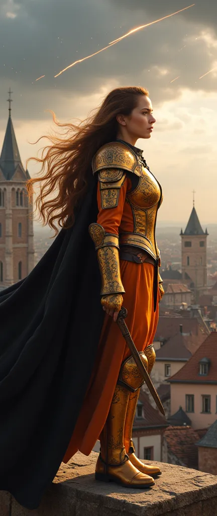 (Representative works、4K resolution、super realistic、Very Detailed)、(『Knight of the Constellation』theme、charisma、中世ヨーロッパのcityscapeを見下す、Girl at the top of a city、中世ヨーロッパのcityscapeを見下ろすオレンジの鎧と黒い衣装の射手座の騎士、She's a Superhuman Hero)、(20 years old)、(Long Chestnut Hair:1.2)、Full Body、(Knight Costume)、(There is a demon in the distance）（Shoot Her Powers)、((European Urban Environment:0.8)|(cityscape、 Asahi、 DYNAMIC LIGHT )、(Meteor Shower))