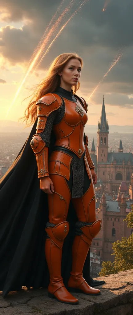 (Representative works、4K resolution、super realistic、Very Detailed)、(『Knight of the Constellation』theme、charisma、中世ヨーロッパのcityscapeを見下す、Girl at the top of a city、中世ヨーロッパのcityscapeを見下ろすオレンジの鎧と黒い衣装の射手座の騎士、She's a Superhuman Hero)、(20 years old)、(Long Chestnut Hair:1.2)、Full Body、(Knight Costume)、(There is a demon in the distance）（Shoot Her Powers)、((European Urban Environment:0.8)|(cityscape、 Asahi、 DYNAMIC LIGHT )、(Meteor Shower))