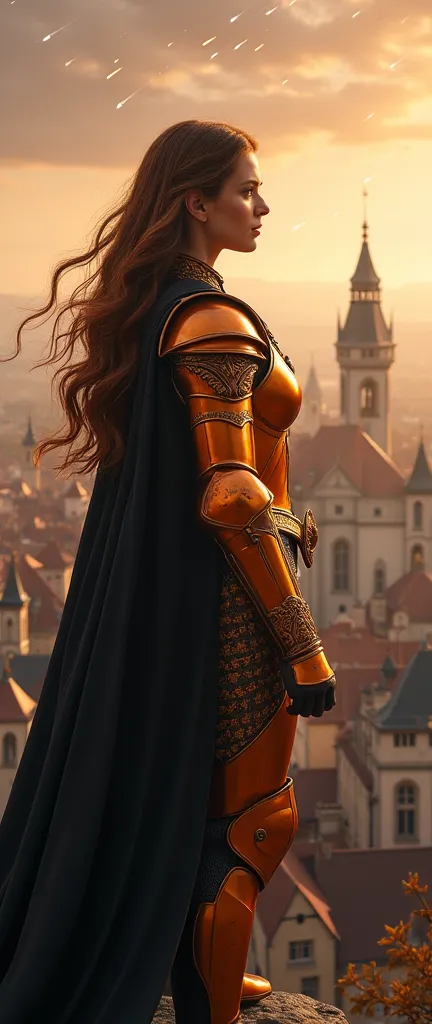 (Representative works、4K resolution、super realistic、Very Detailed)、(『Knight of the Constellation』theme、charisma、中世ヨーロッパのcityscapeを見下す、Girl at the top of a city、中世ヨーロッパのcityscapeを見下ろすオレンジの鎧と黒い衣装の射手座の騎士、She's a Superhuman Hero)、(20 years old)、(Long Chestnut Hair:1.2)、Full Body、(Knight Costume)、(There is a demon in the distance）（Shoot Her Powers)、((European Urban Environment:0.8)|(cityscape、 Asahi、 DYNAMIC LIGHT )、(Meteor Shower))