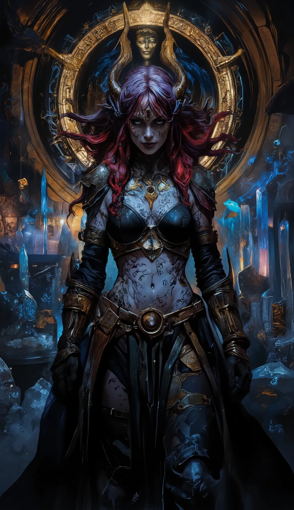  Hannah is posed amidst the forgotten priceless art of the lost kingdom of Mu, in a underground palace lit by bioluminescent fungi and dyes out in crystals. Besides the blue glow of the crystal lamps she is surrounded by a aura of darklight as we zoom in t...
