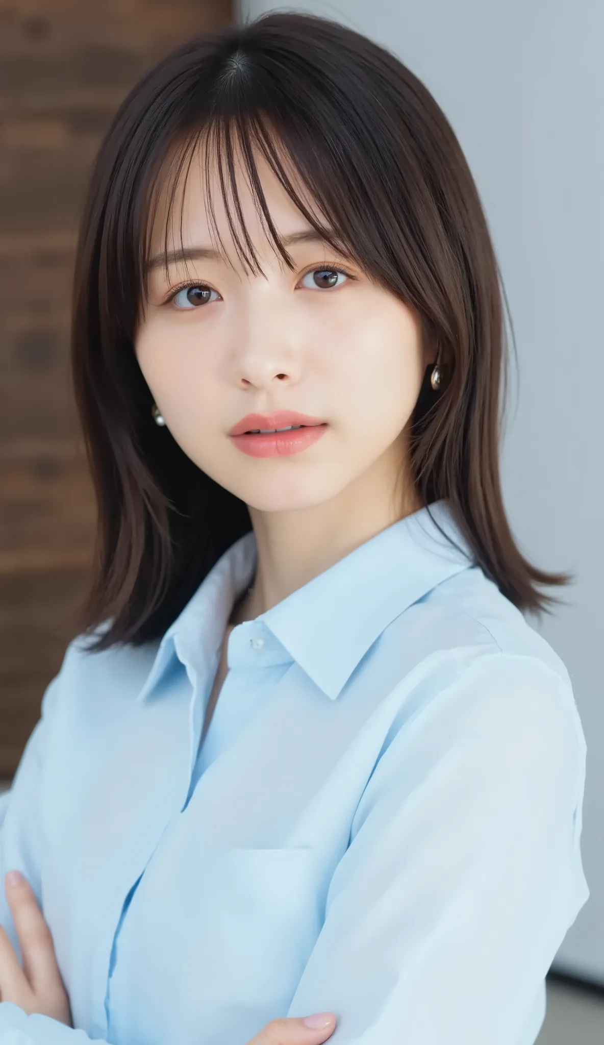 Neat Young Woman、looking at the camera、office lady suit、jacket、shirt、necklace、Ear piercings、 黒に近い茶髪、smile showing teeth、background is office
