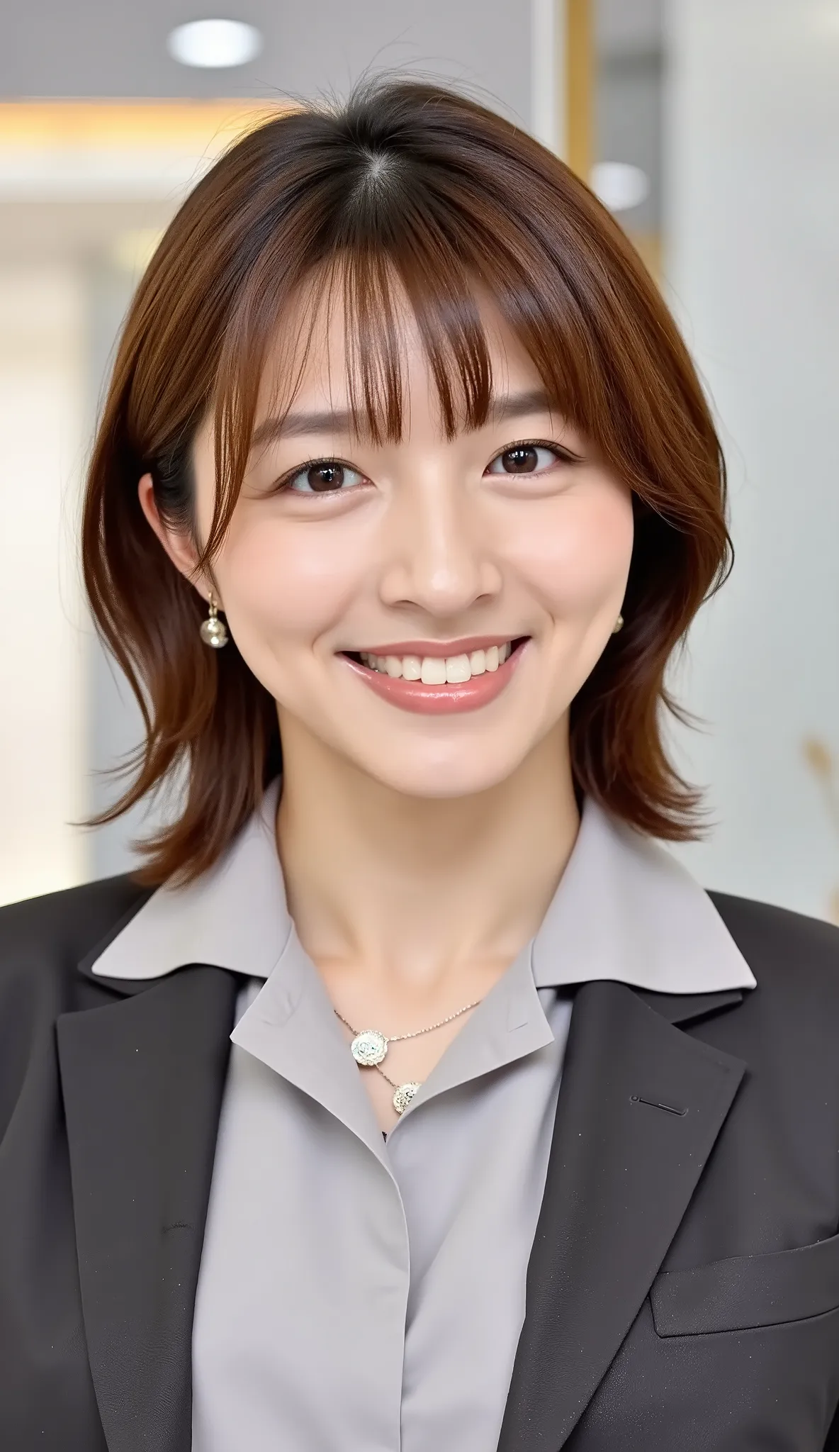 Neat Young Woman、and look at the camera、office lady suit、jacket、shirt、ネックレス、、ear piercing、、smile showing teeth、背景はオフィス