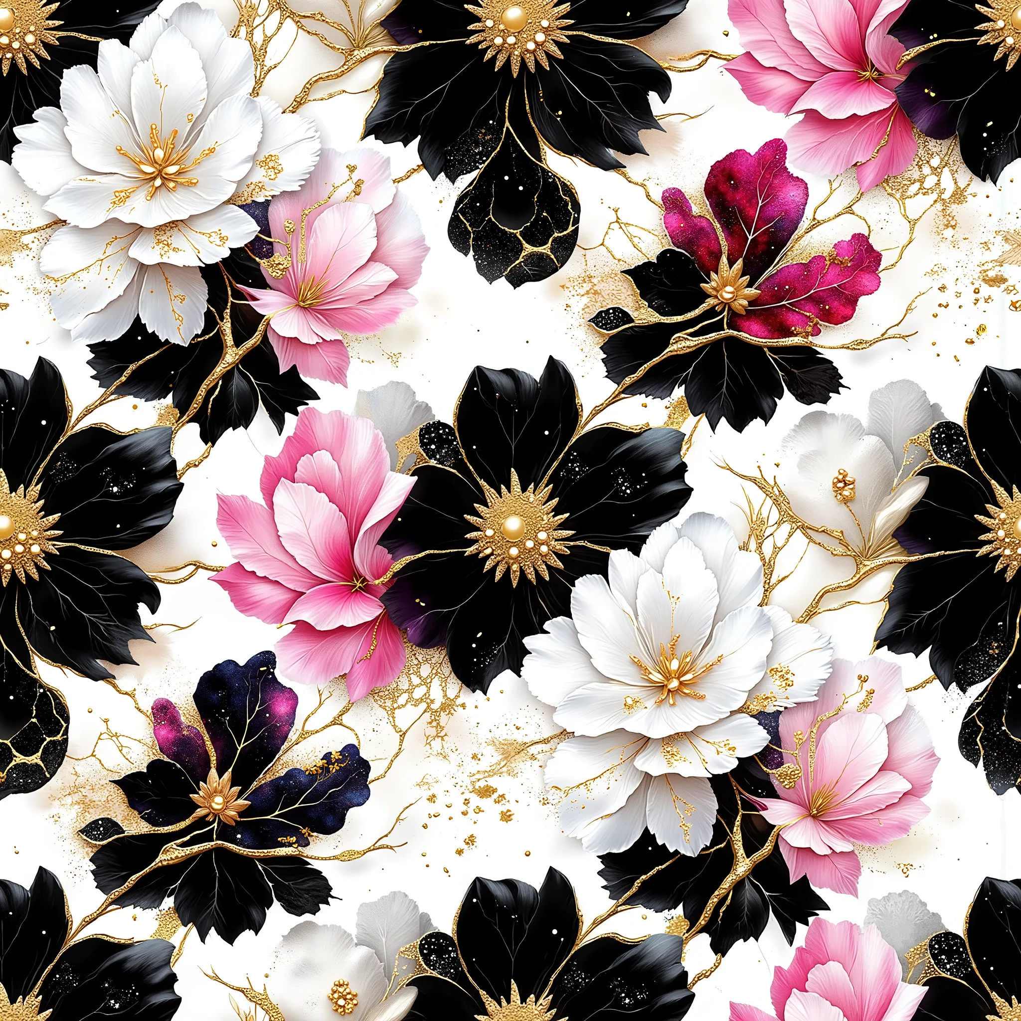 ((((smlstxtr)))), MASTERPIECE SEAMLESS (SEAMLESS PATTERN) HANDDRAW fantasy drawing FLOWERS white-black-pink-gold, digital art, SEAMLESS PATTERN-LANDSCAPE AUTUMN on a white background,Shine,glare,перламутровый Shine, glitter,BRIGHT,gabriel pacheko,Thiago Ho...